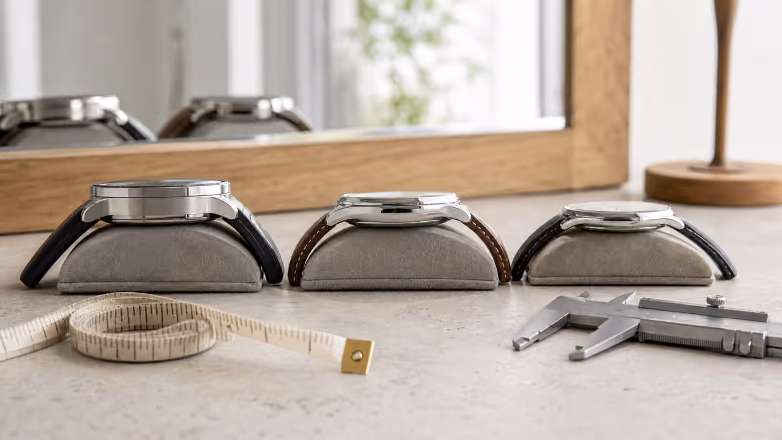 Three unbranded watches are shown in side profile beside calipers and a cloth measuring tape.