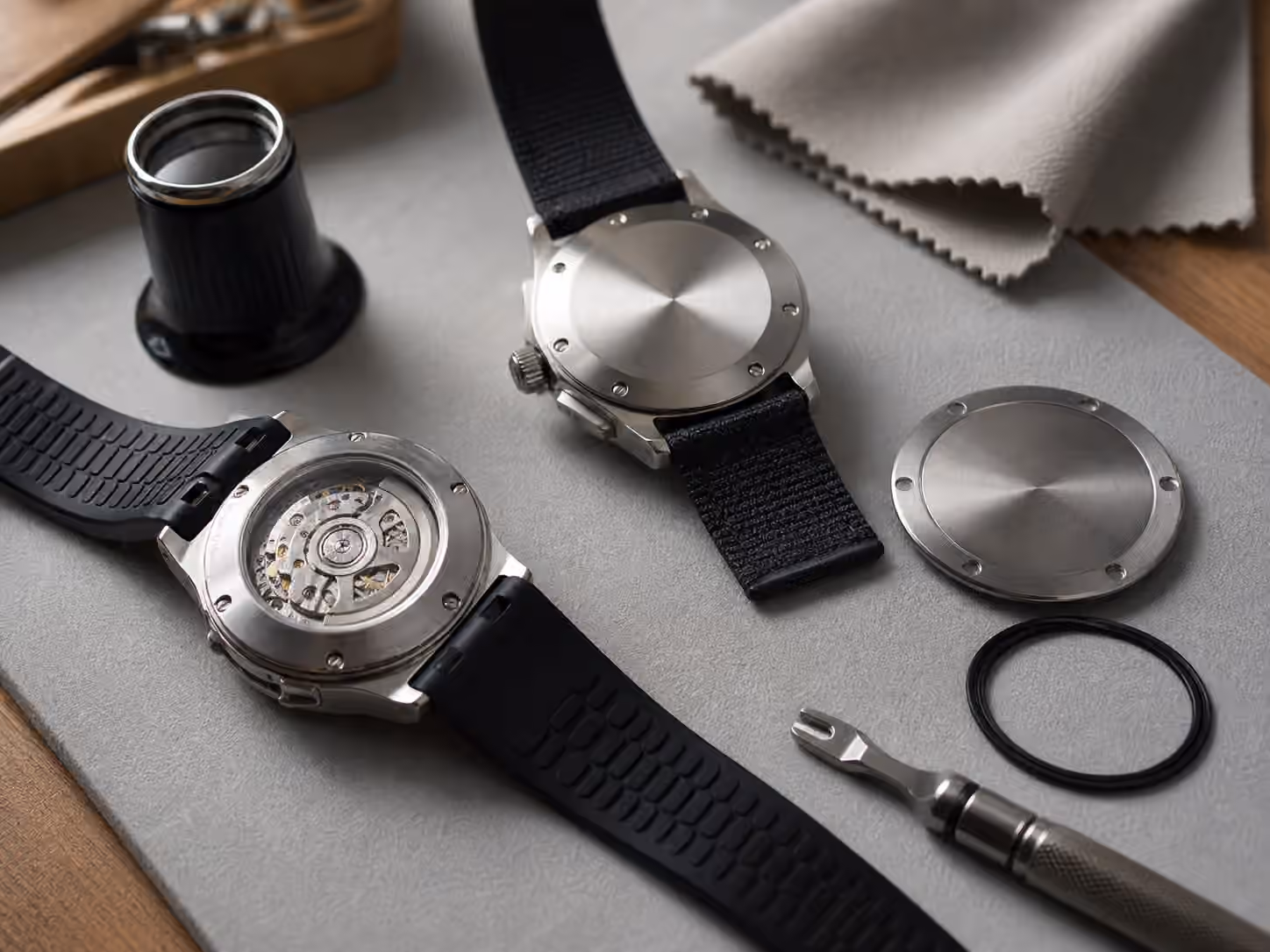 Unbranded watches turned caseback-up on a gray watchmaker bench with a display back, solid backs, a gasket, and caseback tool nearby.