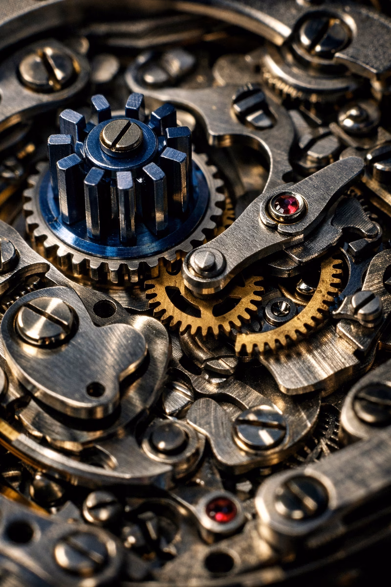 Macro view of a mechanical chronograph movement showing the column wheel, clutch lever, and gears involved in the start/stop mechanism, complex engineering details visible, dramatic lighting