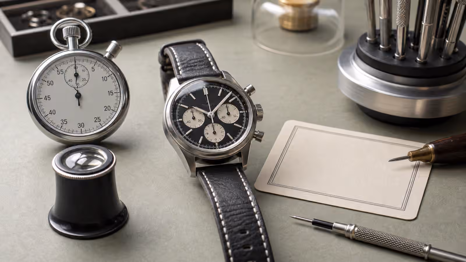 An unbranded chronograph watch rests on a watchmaker bench beside a stopwatch, loupe, tools, and a blank timing card.