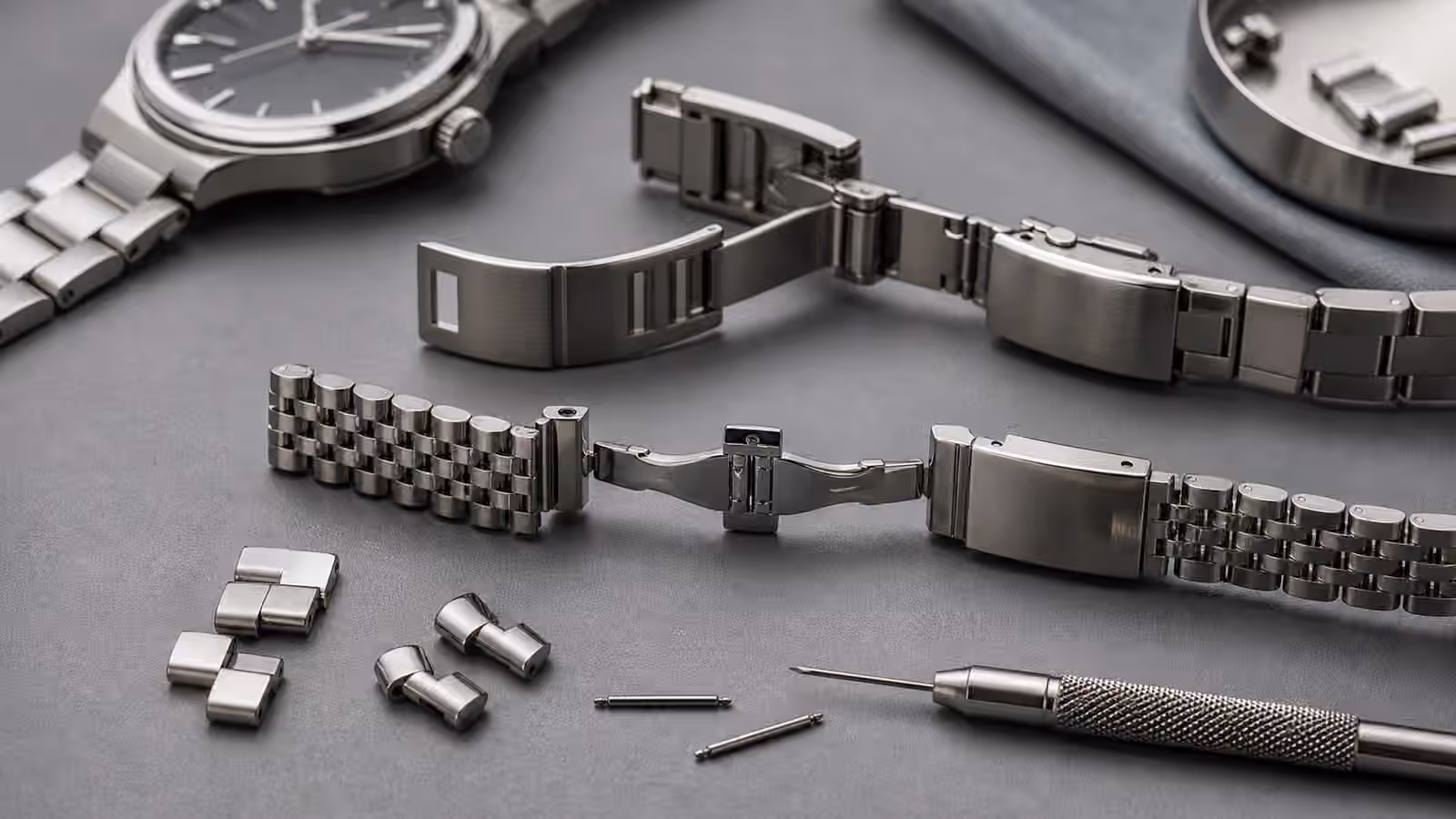 Open stainless steel watch bracelets and clasps sit on a gray work mat beside loose links, spring bars, and a sizing screwdriver.