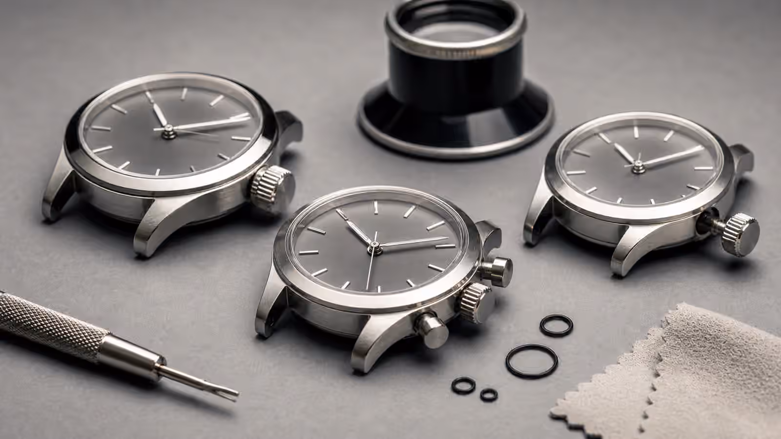Unbranded watch cases sit on a gray work mat with crowns, pushers, small gaskets, a loupe, and a spring bar tool nearby.
