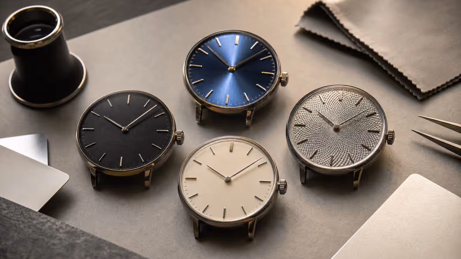 Four unbranded watches with matte, sunburst, cream, and textured dials rest on a watchmaker bench beside a loupe.