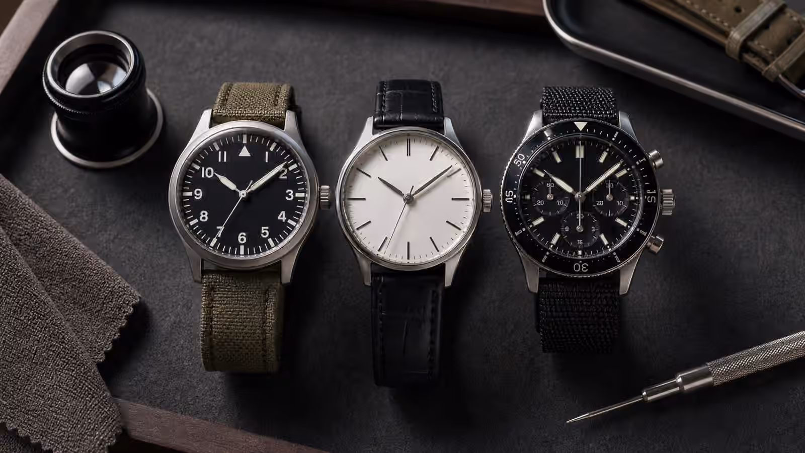 Three unbranded watches with different dial layouts rest side by side on a dark watchmaker tray.