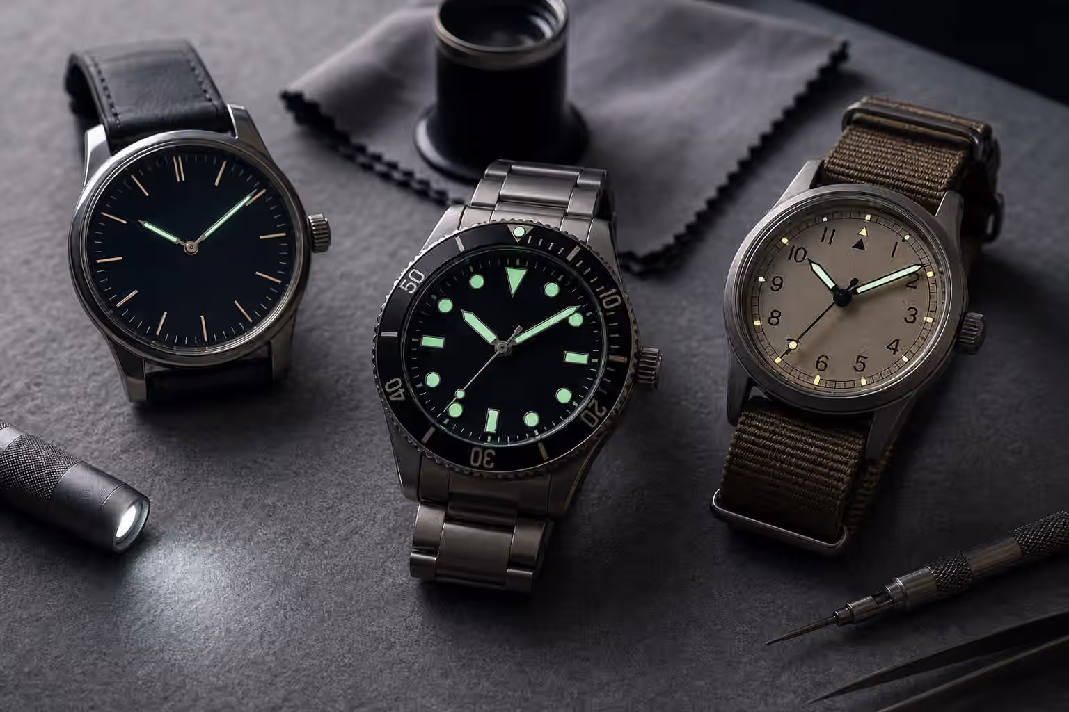 Unbranded watches with softly glowing hands and hour markers rest on a gray watchmaker bench.