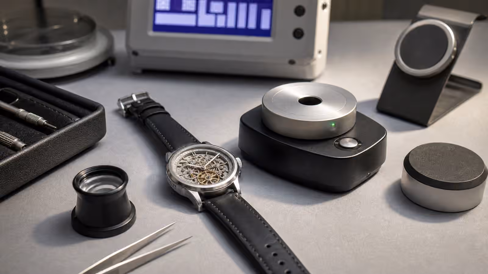 An unbranded watch rests on a watchmaker bench beside a demagnetizer, loupe, timing tool, and plain magnetic objects.