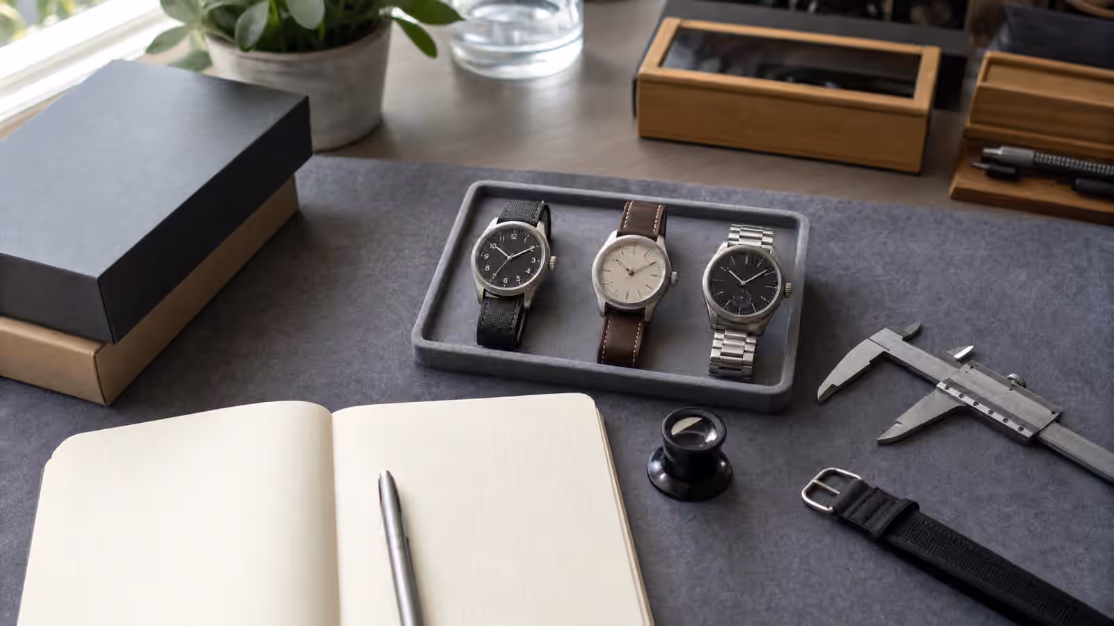 Three unbranded watches sit on a gray collector desk with a loupe, calipers, strap sample, blank notebook, and plain packaging boxes.
