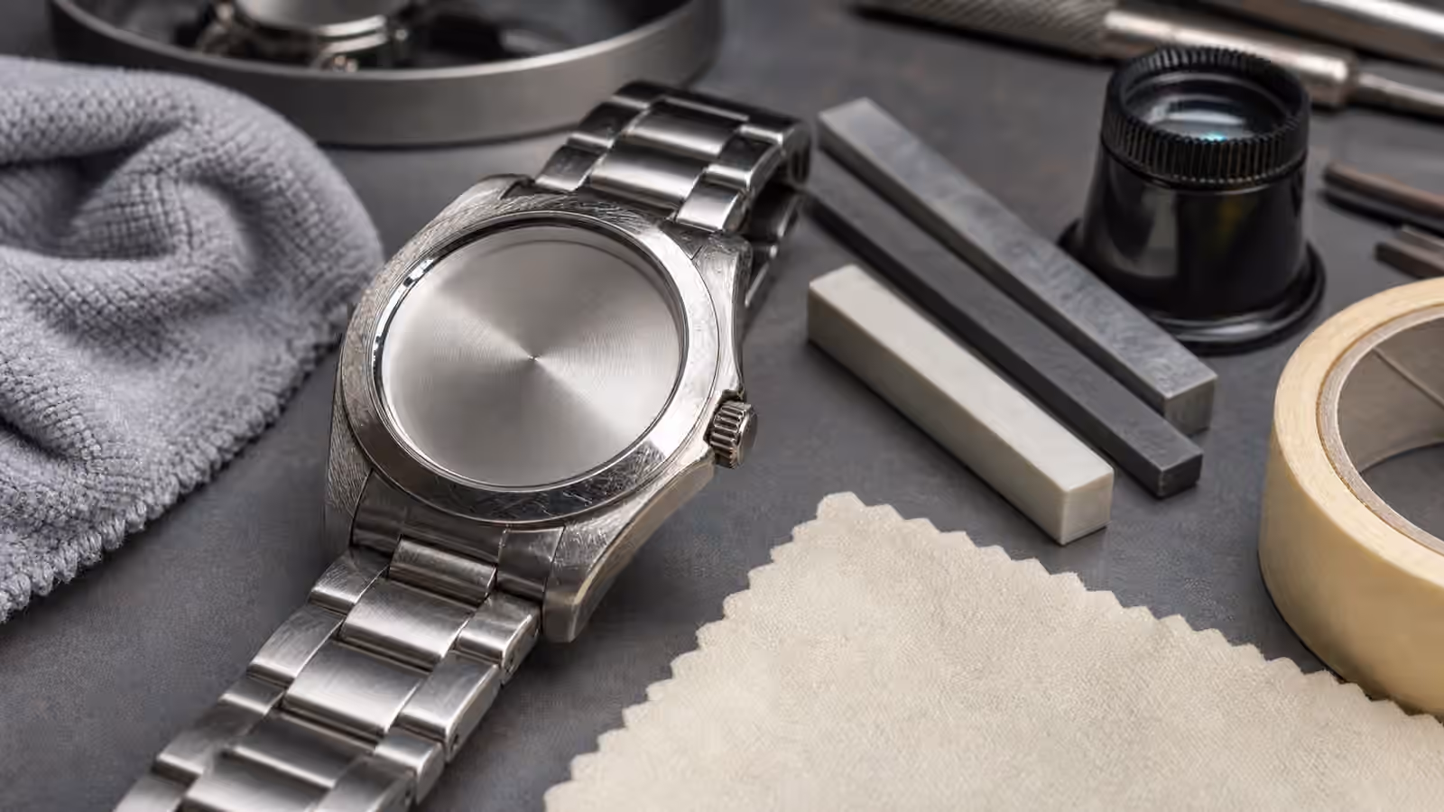 An unbranded scratched stainless steel watch case and bracelet rest beside cloths, tape, refinishing blocks, and a loupe.