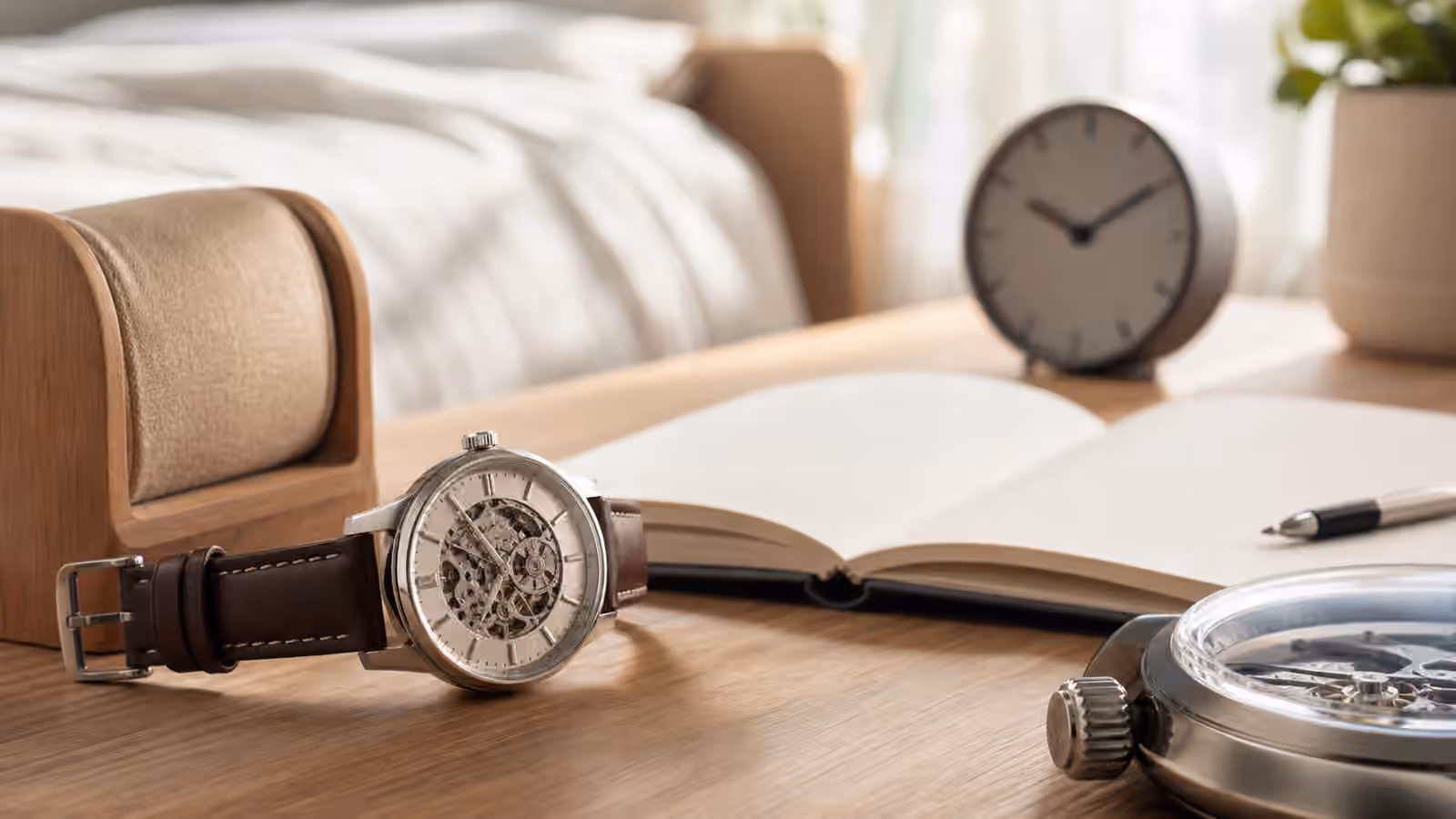 An unbranded automatic watch rests on a bedside table beside a watch stand, blank notebook, and soft morning light.