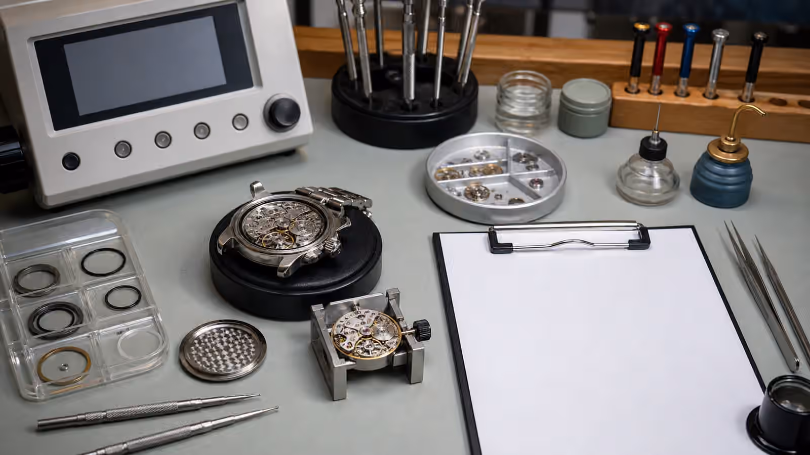 An unbranded mechanical watch sits open on a watchmaker bench beside tools, parts trays, and a blank estimate sheet.
