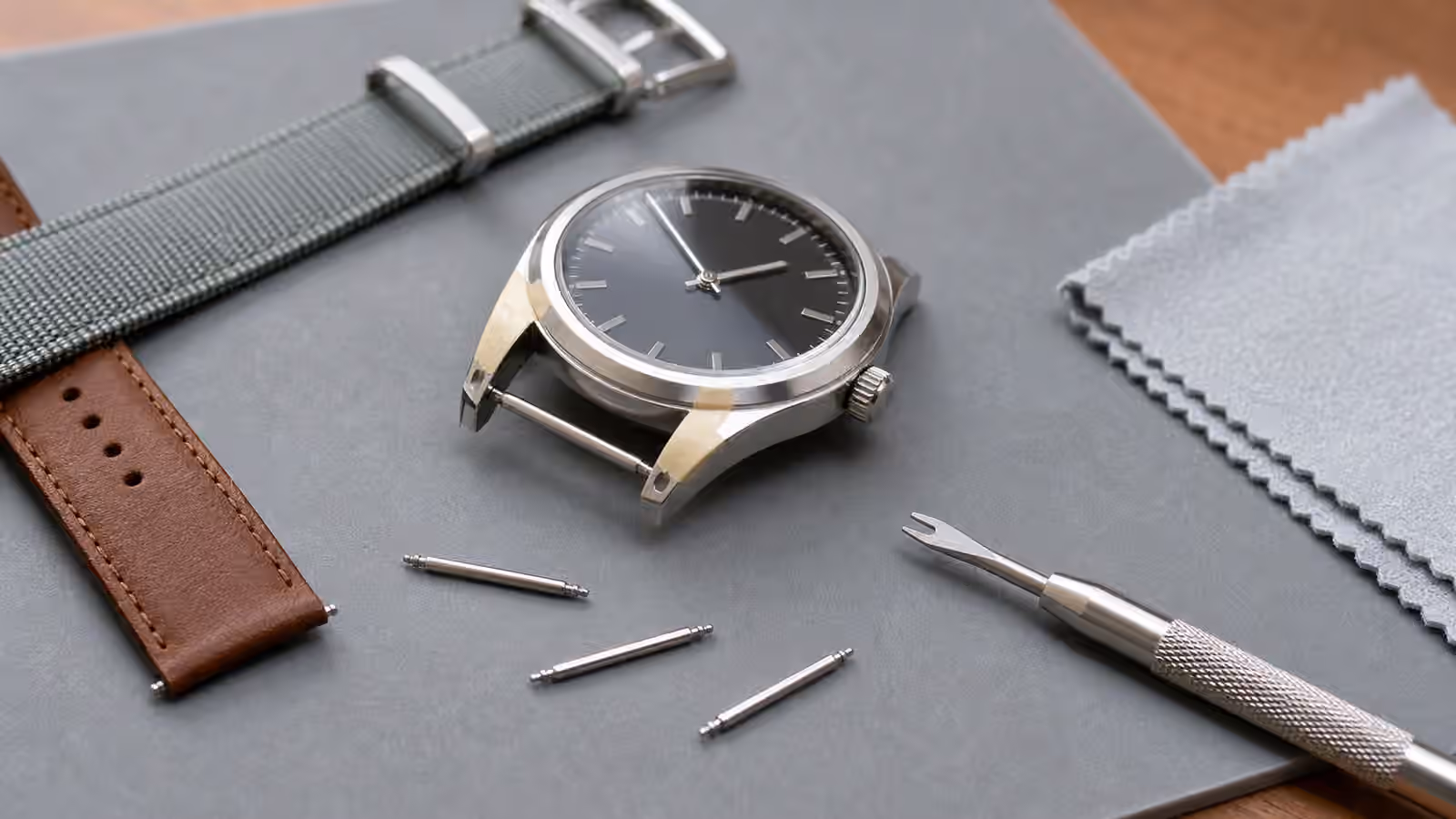An unbranded watch case sits on a gray work mat beside straps, spring bars, a spring bar tool, tape, and a cloth.