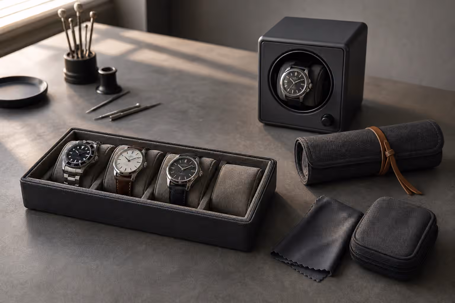 Unbranded watches sit in a padded storage tray beside a soft travel roll, microfiber cloth, and single-watch winder on a gray bench.