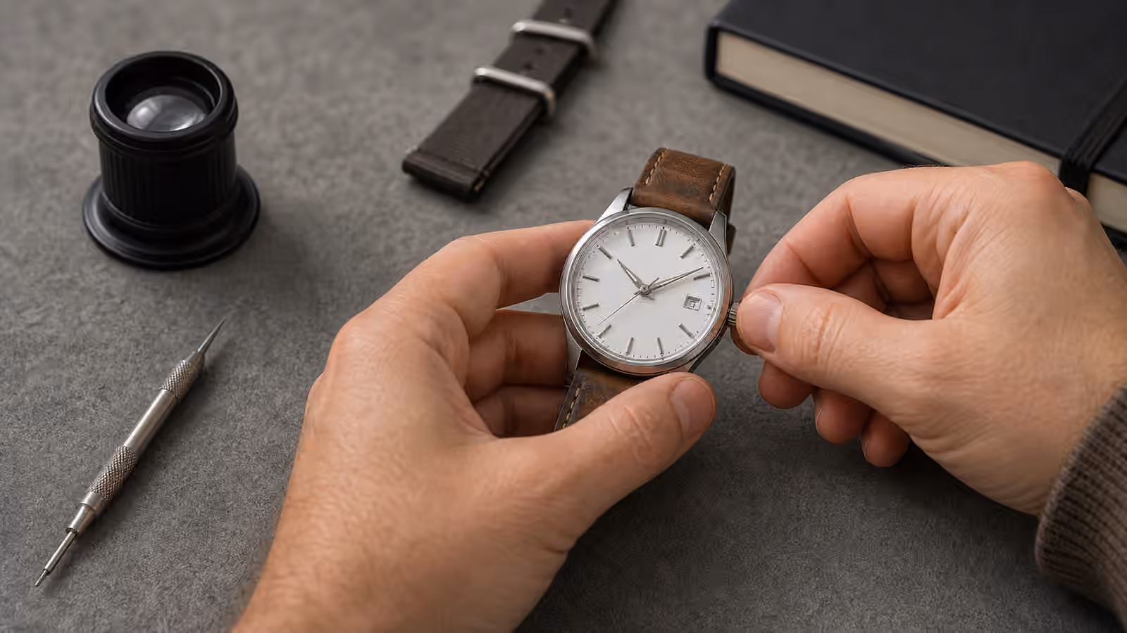 An unbranded watch is being adjusted on a gray watchmaker mat beside a loupe, strap, tool, and blank notebook.