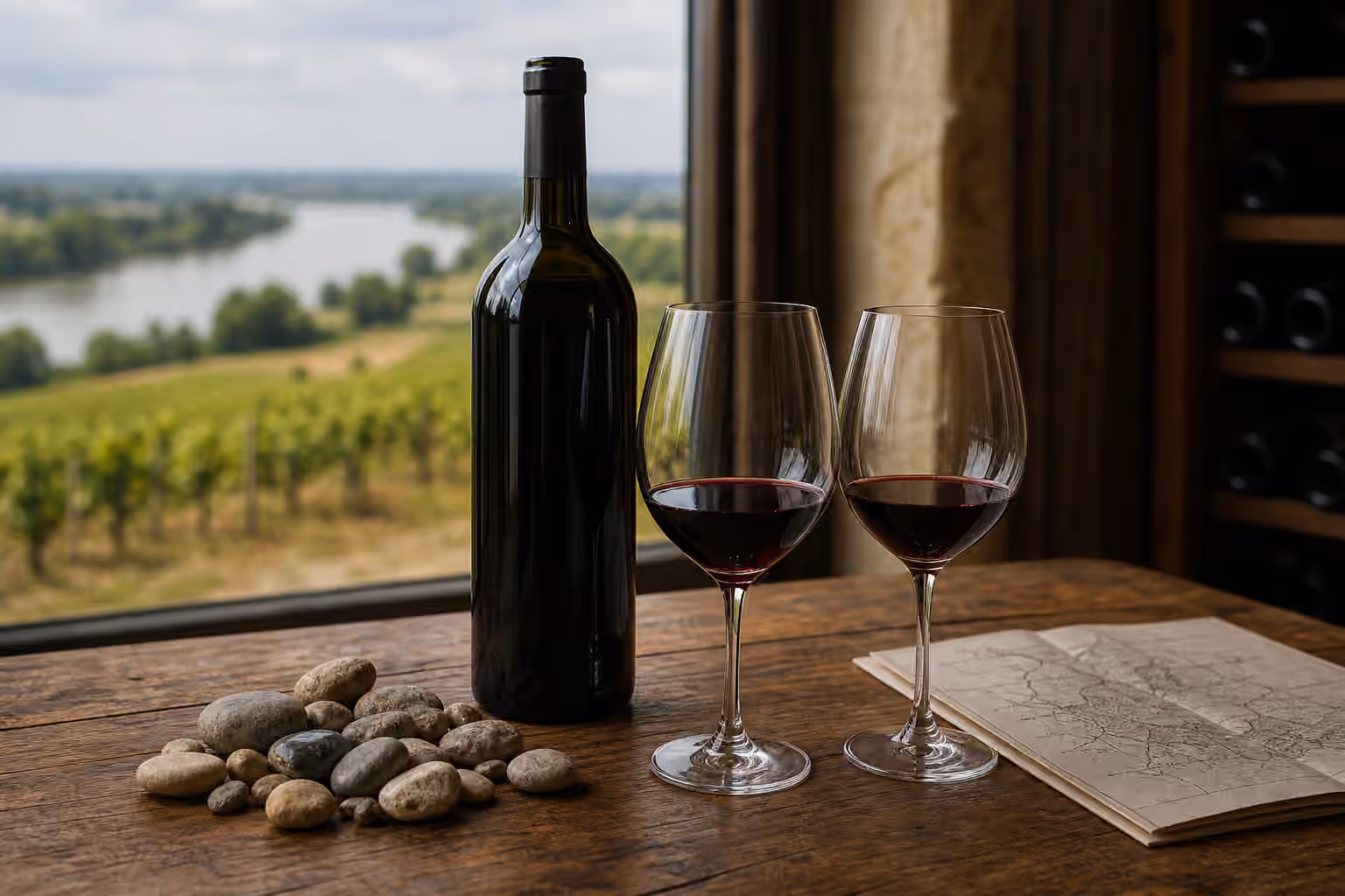 Two glasses of red Bordeaux beside an unbranded bottle, river stones, and a folded cellar map with no readable words.