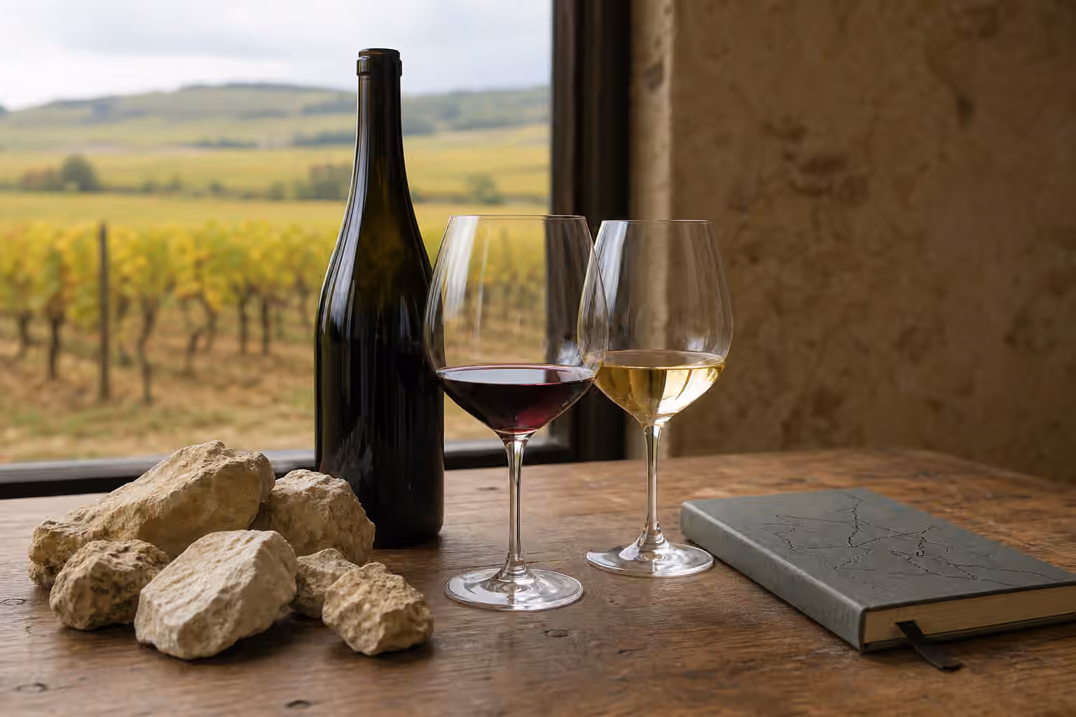Two Burgundy wine glasses beside an unmarked bottle, pale limestone, and a quiet vineyard notebook.