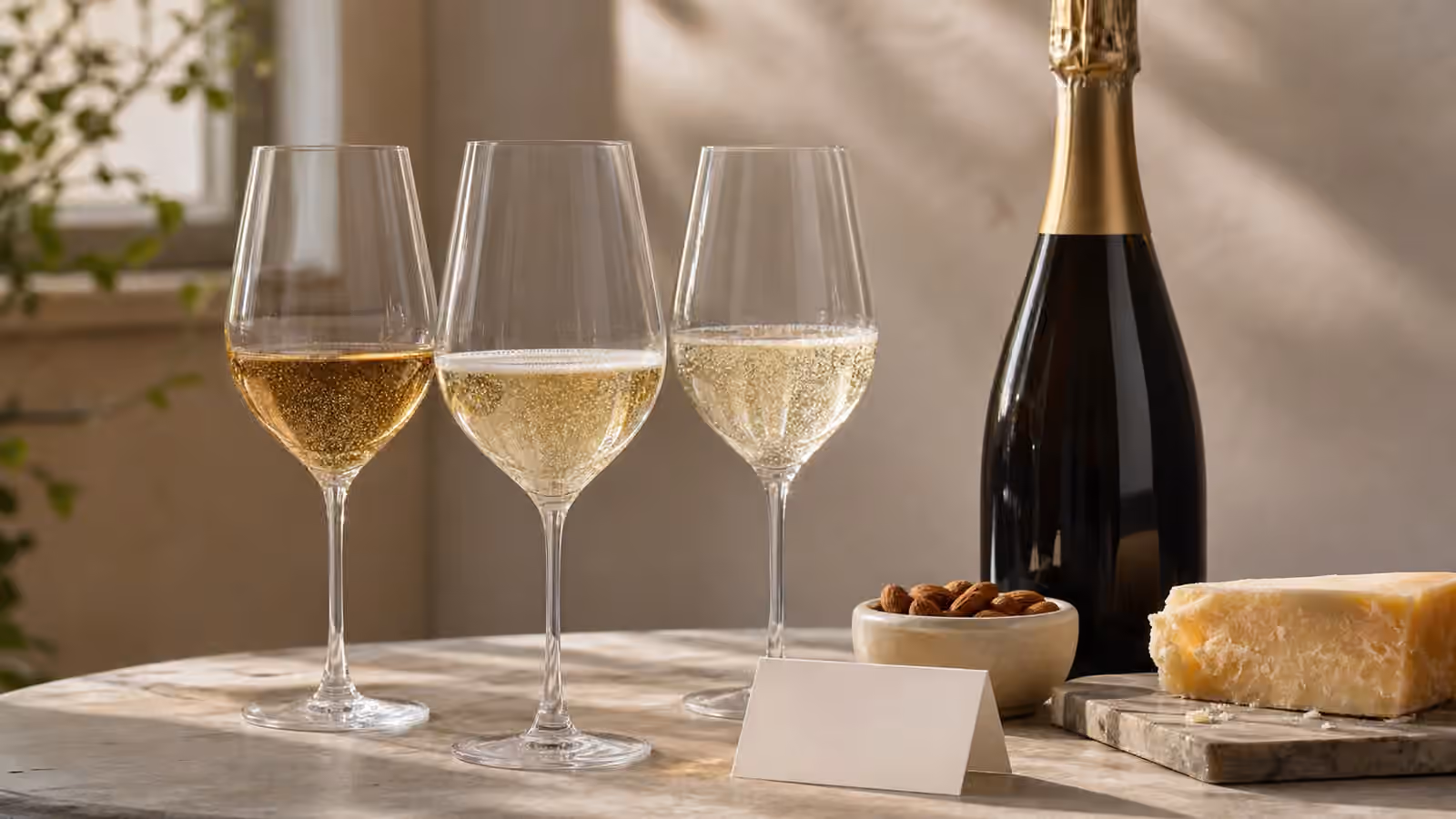 Three glasses of sparkling wine beside an unbranded bottle, almonds, hard cheese, and a blank tasting card.