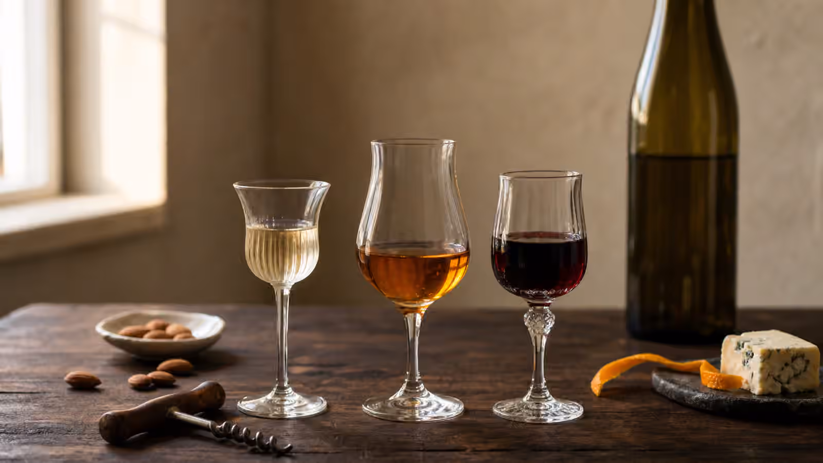 Three small pours of pale, amber, and ruby fortified wine on a wooden table with almonds, orange peel, cheese, and an unlabeled bottle.