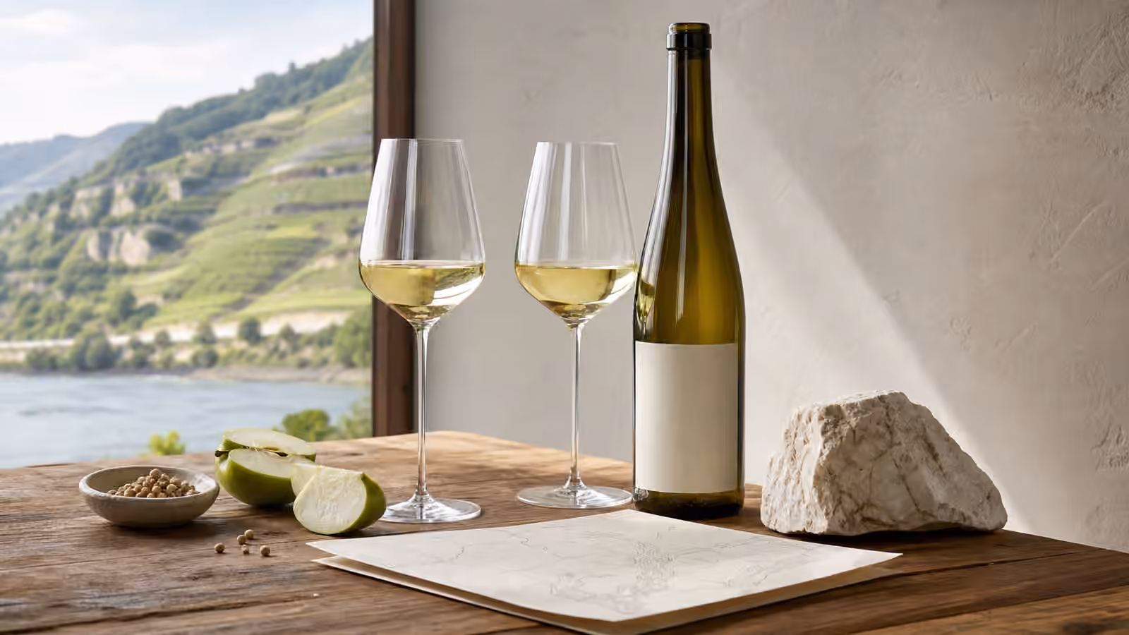 Two glasses of pale white wine beside an unbranded bottle, green apple slices, white peppercorns, limestone, and a blank map page.