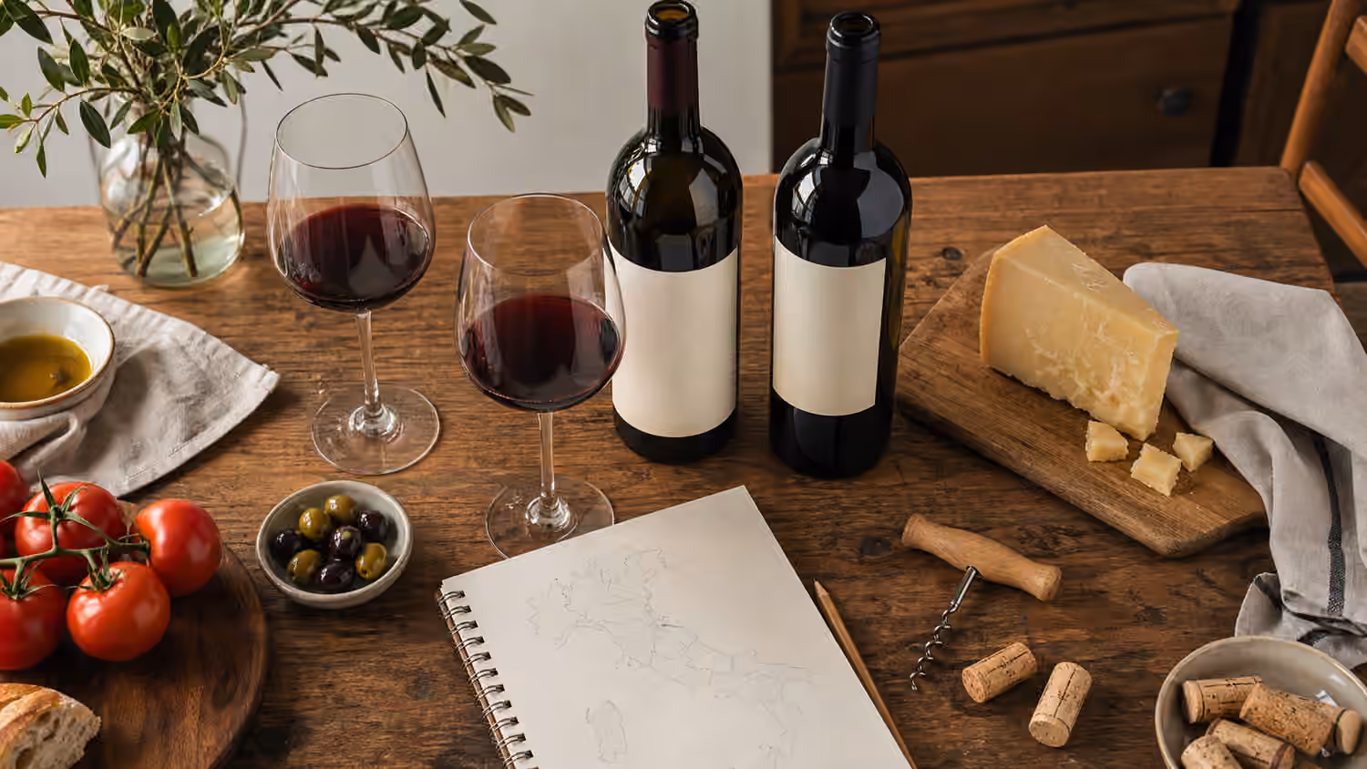 Two unlabeled red wine bottles with glasses, cheese, tomatoes, olives, corks, and a blank Italy map notebook on a wooden table.