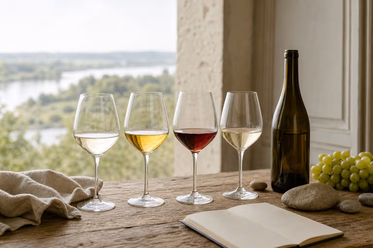 Four glasses of Loire-style wine beside an unbranded bottle, green grapes, river stones, and a blank notebook by a bright window.