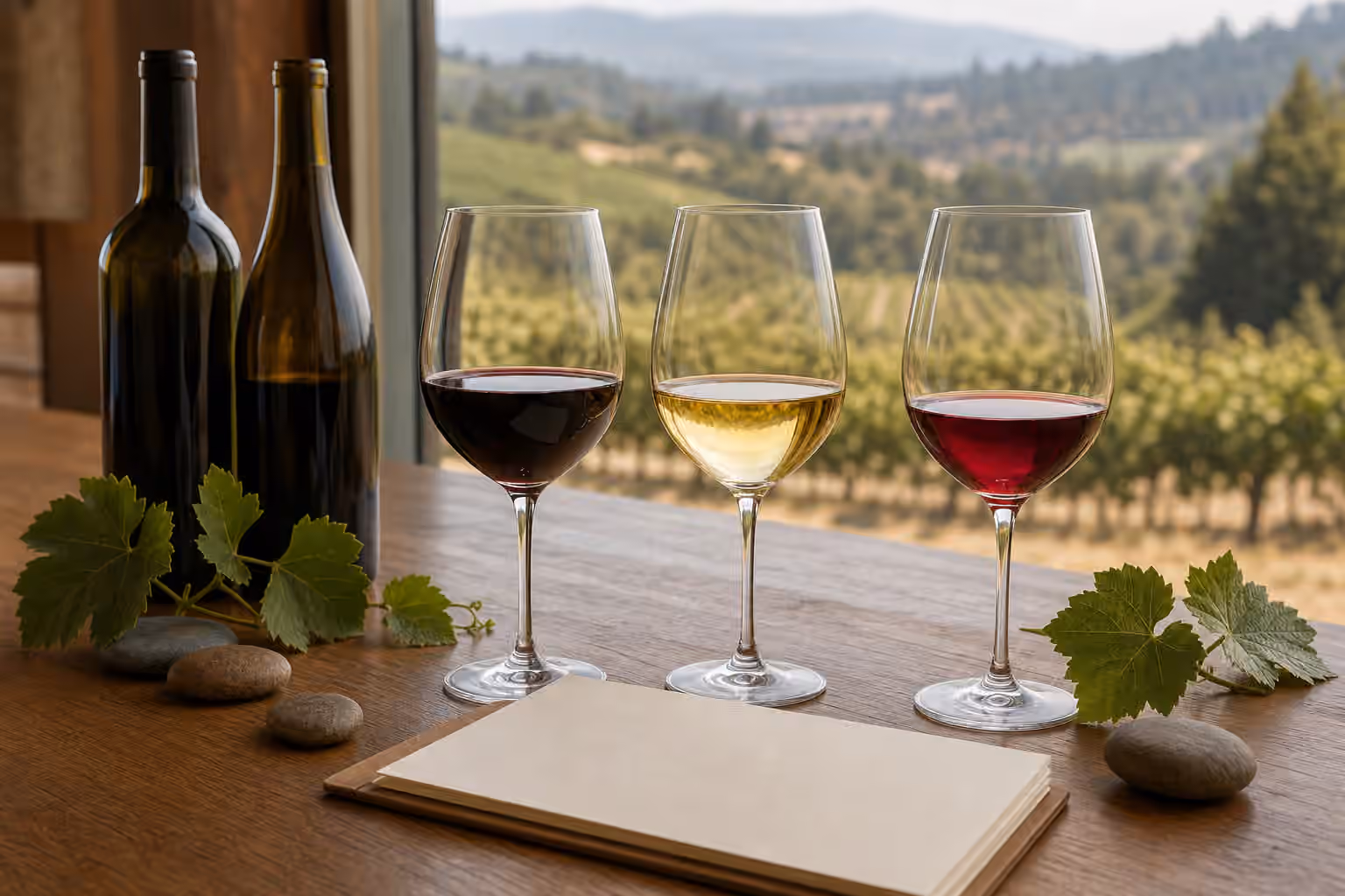 Three glasses of California-style red, white, and ruby wine beside unbranded bottles, grape leaves, stones, and a blank notebook overlooking vineyard hills.