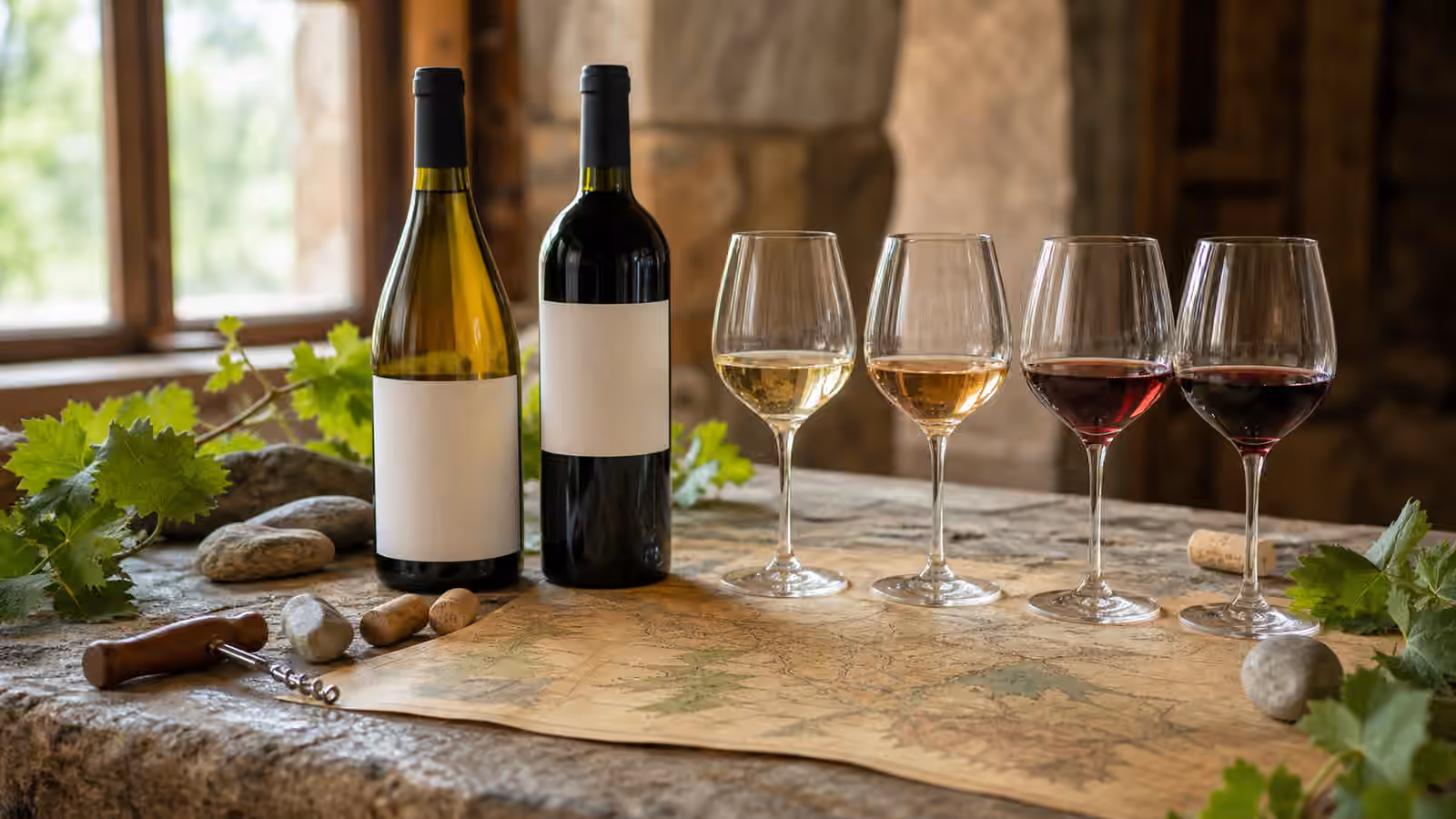Two unbranded wine bottles and four glasses on a table with an unlabeled map, grape leaves, stones, and a corkscrew.