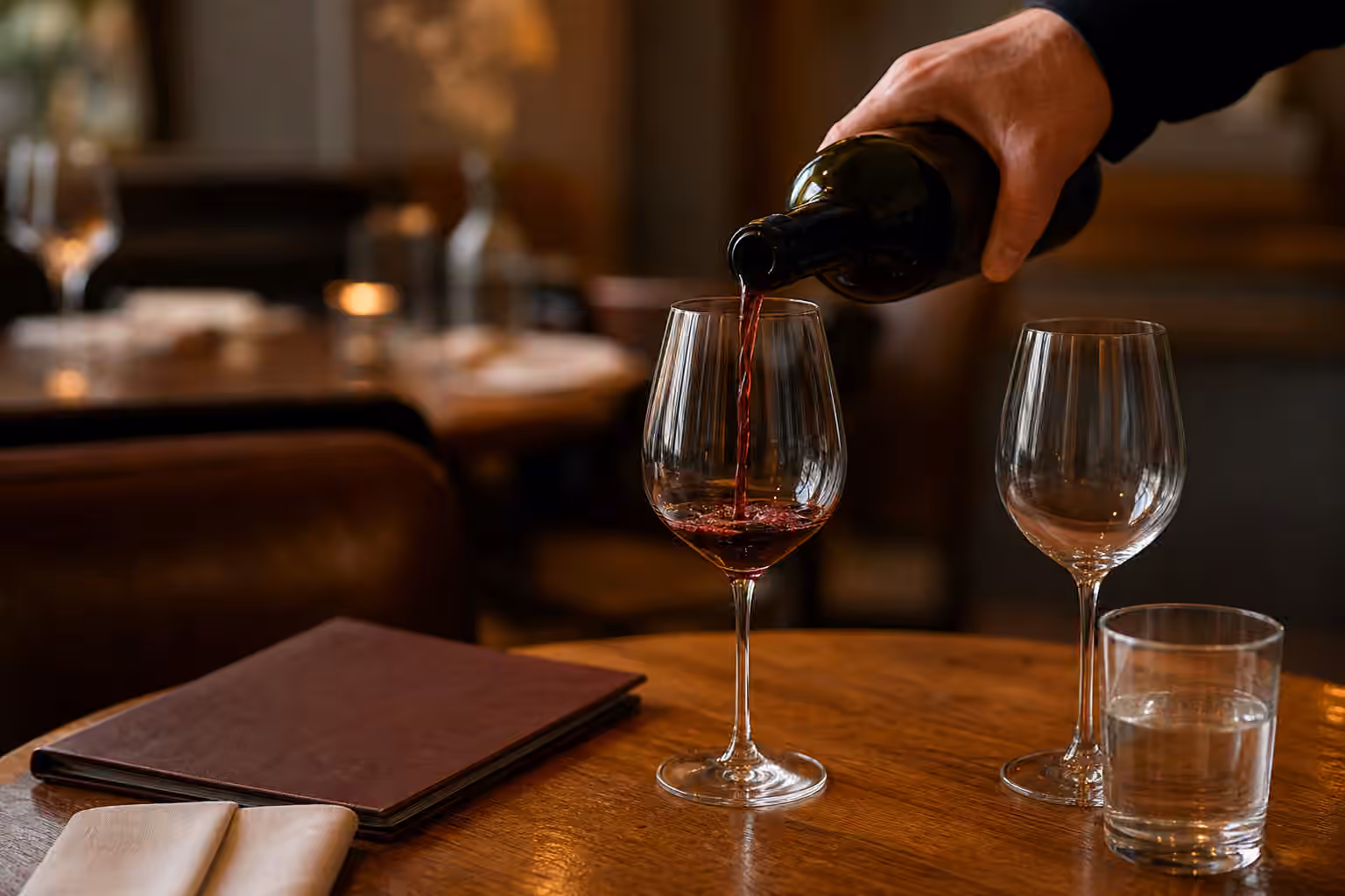 A server pours a small taste of red wine at a restaurant table with glasses, linen, and an unbranded wine list.