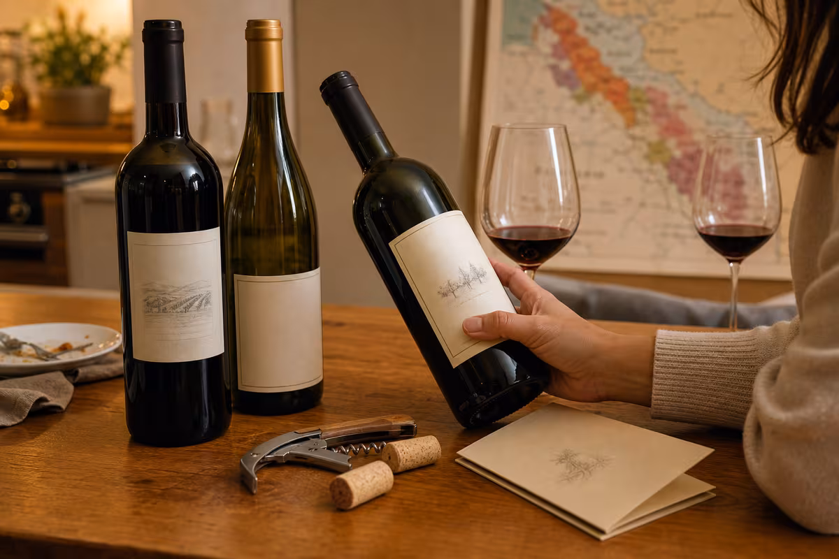 A hand compares unbranded wine bottles on a kitchen table with glasses, corks, a corkscrew, and a softly blurred region map nearby.