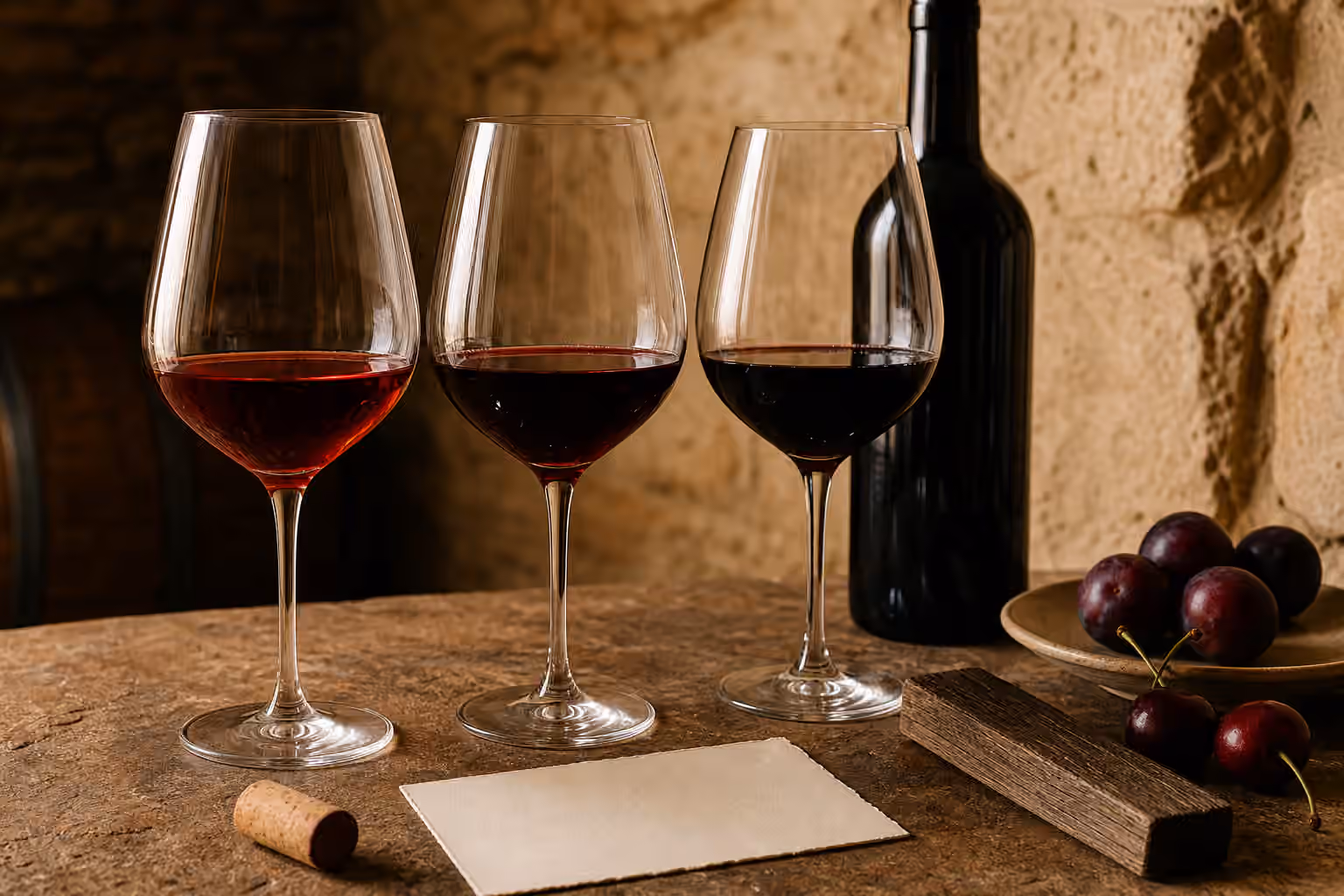Three glasses of red wine beside an unbranded dark bottle, oak stave, cork, cherries, and a blank card on a warm stone table.