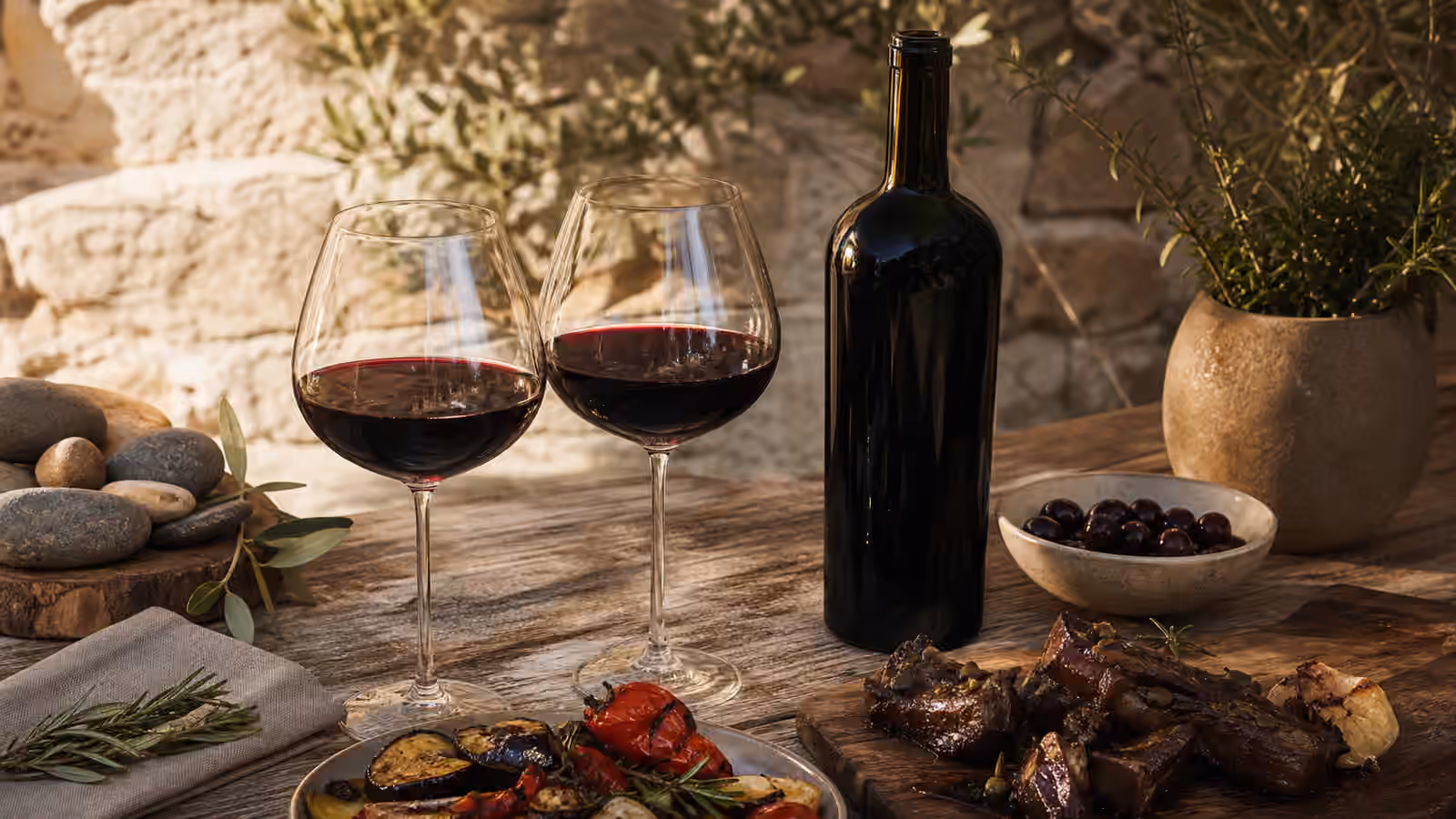 Two glasses of red wine beside an unbranded bottle, rosemary, olives, roasted vegetables, river stones, and a rustic table.