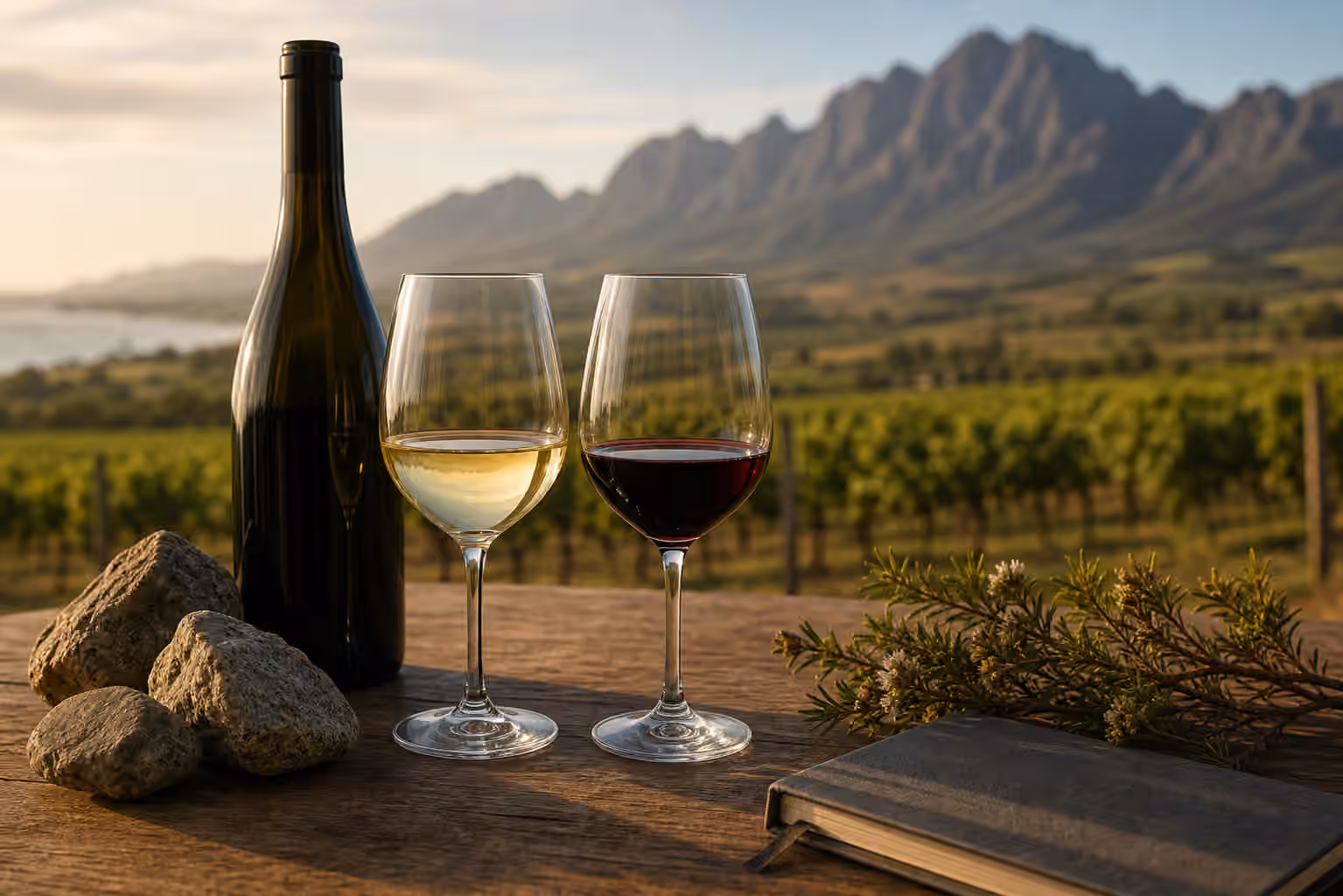 South African wine glasses beside granite stones, fynbos greenery, and a distant mountain vineyard.