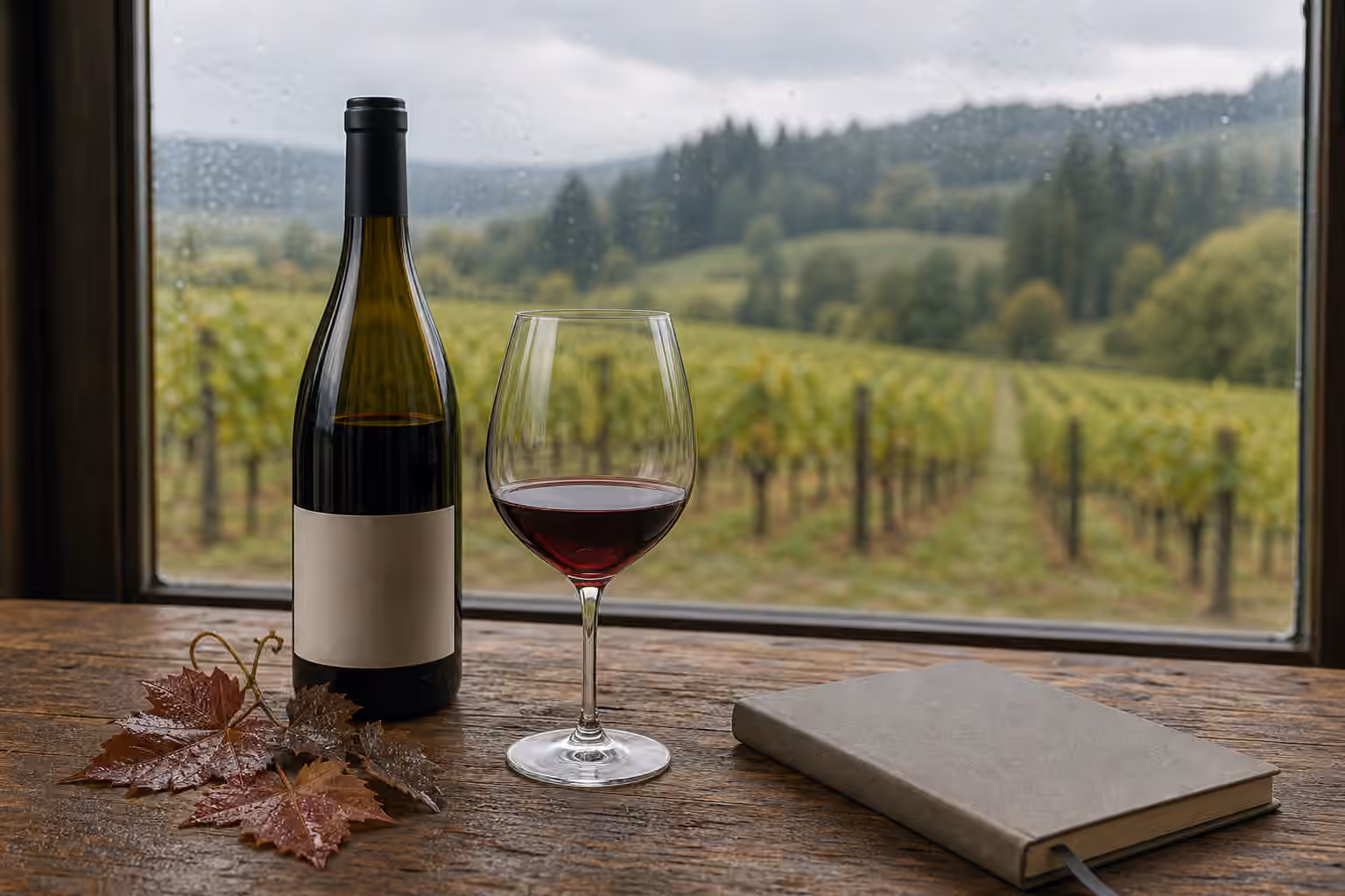 A glass of pale Pinot Noir on a wood table with cool green hills and vineyard rows in soft focus.