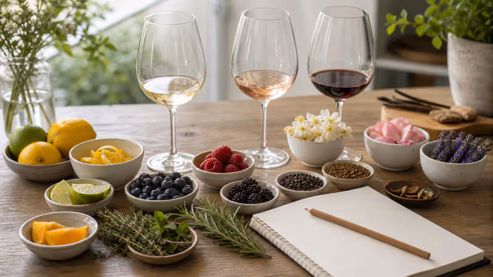 Three wine glasses beside small bowls of citrus peel, berries, herbs, petals, pepper, and a blank notebook.