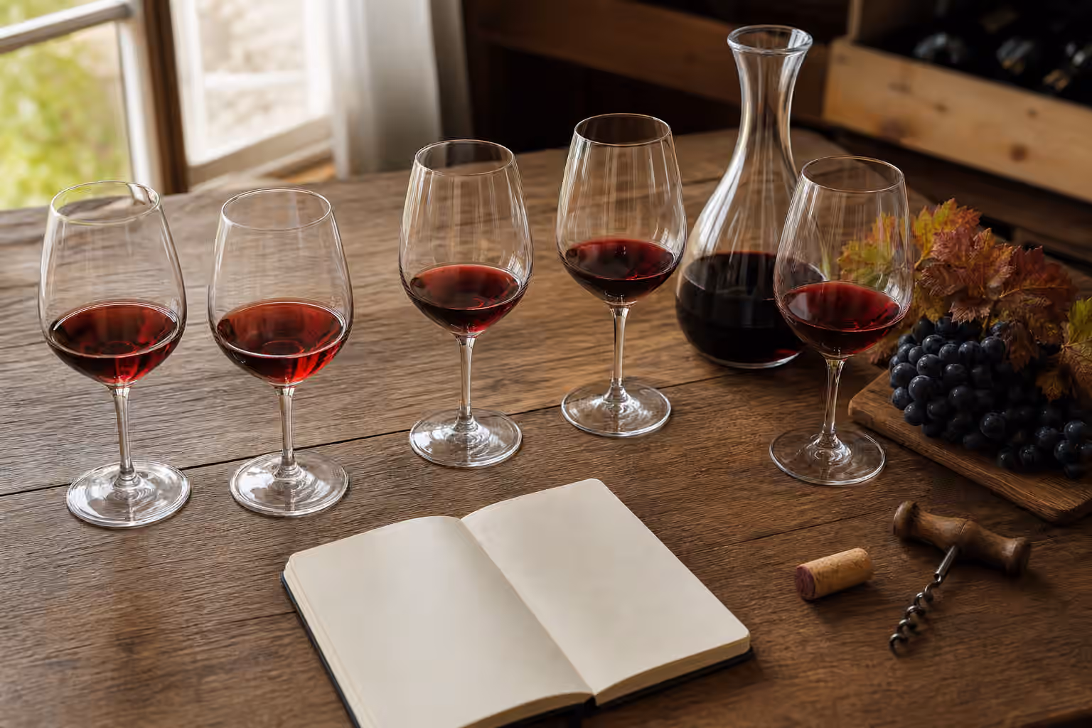 Several glasses of red wine in different shades beside a carafe, grapes, corkscrew, and blank notebook.