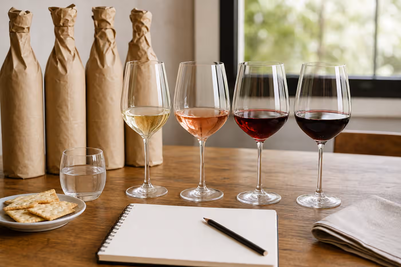 Four wine glasses beside paper-wrapped bottles, crackers, water, and a blank tasting notebook.