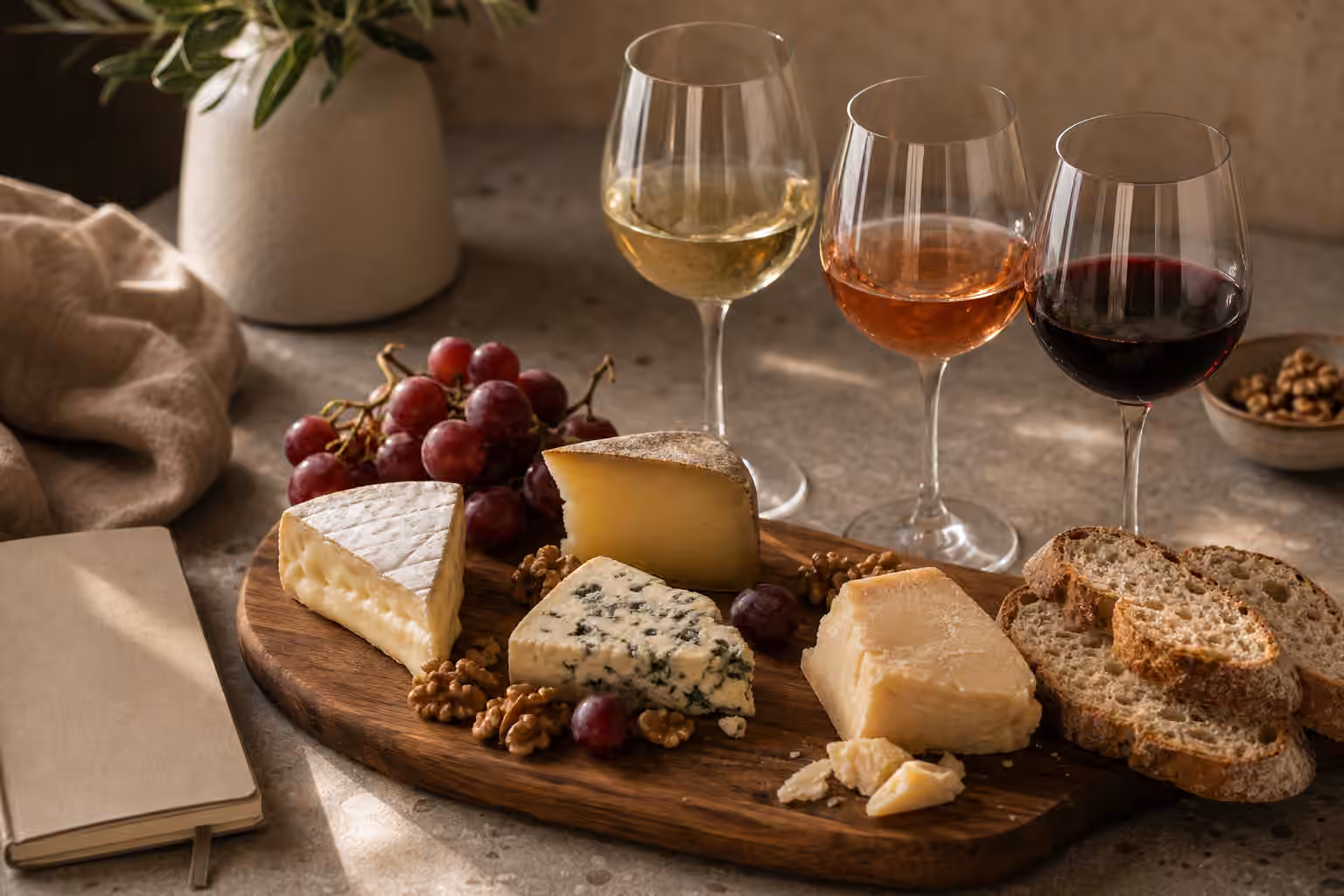 A cheese board with soft, blue, hard, and aged cheeses beside white, rose, and red wine glasses.