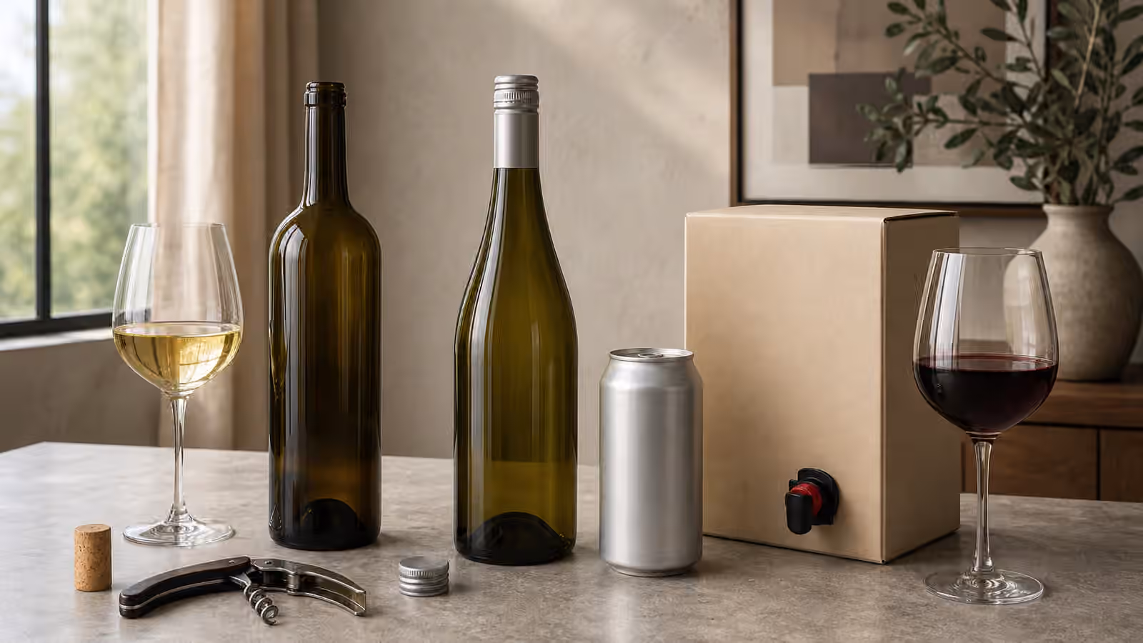 Unbranded cork and screwcap wine bottles, a plain can, boxed wine spout, glasses, cork, and corkscrew on a stone table.
