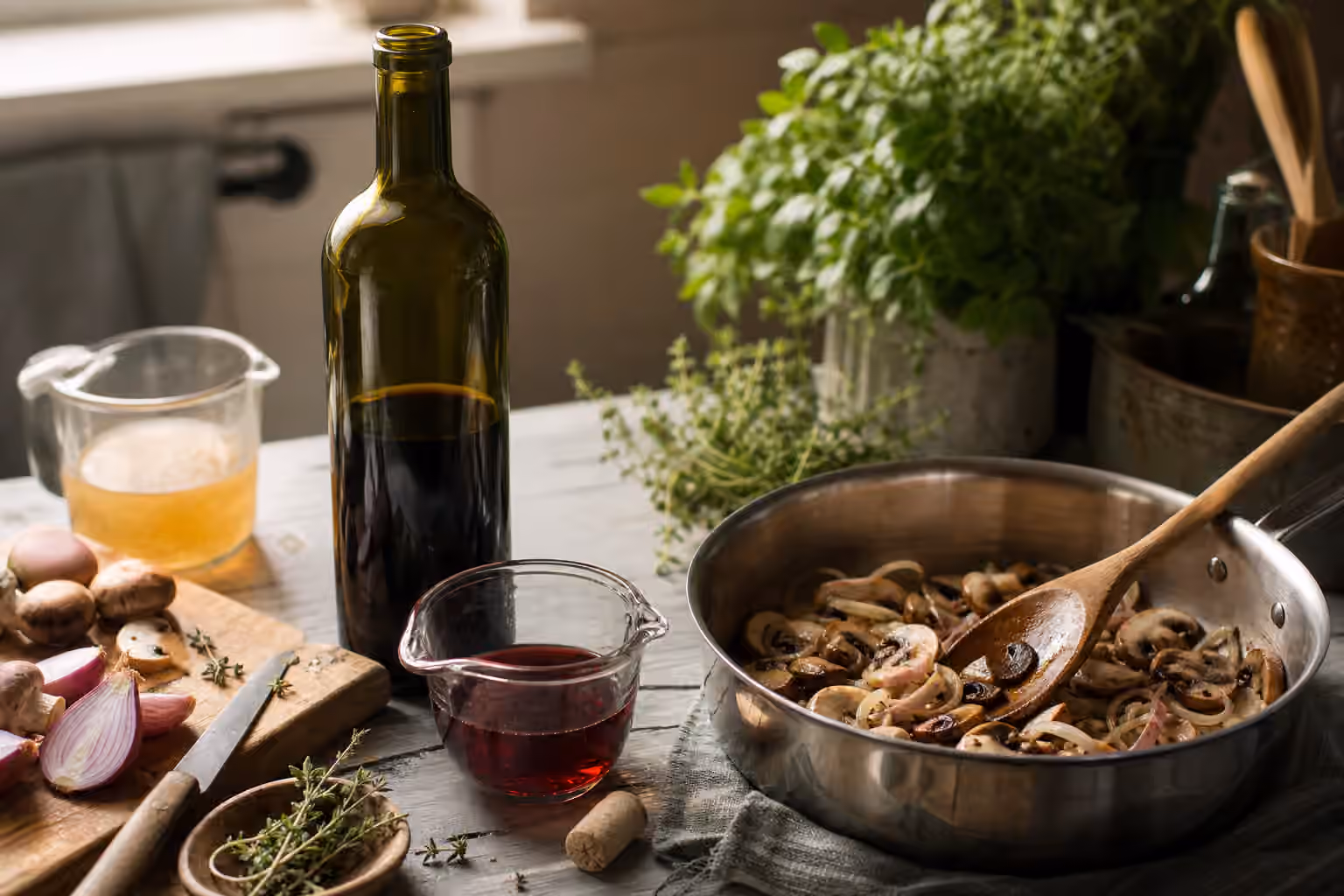 An open wine bottle, red wine in a measuring cup, herbs, mushrooms, shallots, and a saute pan on a kitchen counter.