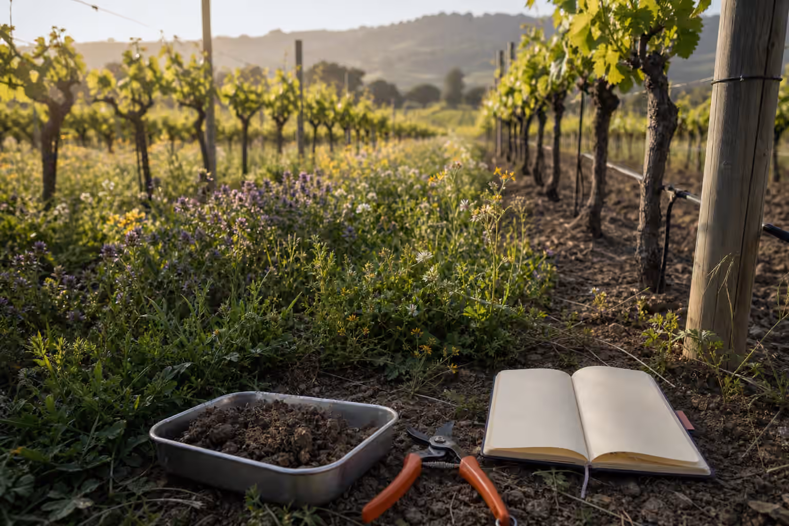 A vineyard row with cover crops, wildflowers, a soil tray, pruning shears, and a blank field notebook.