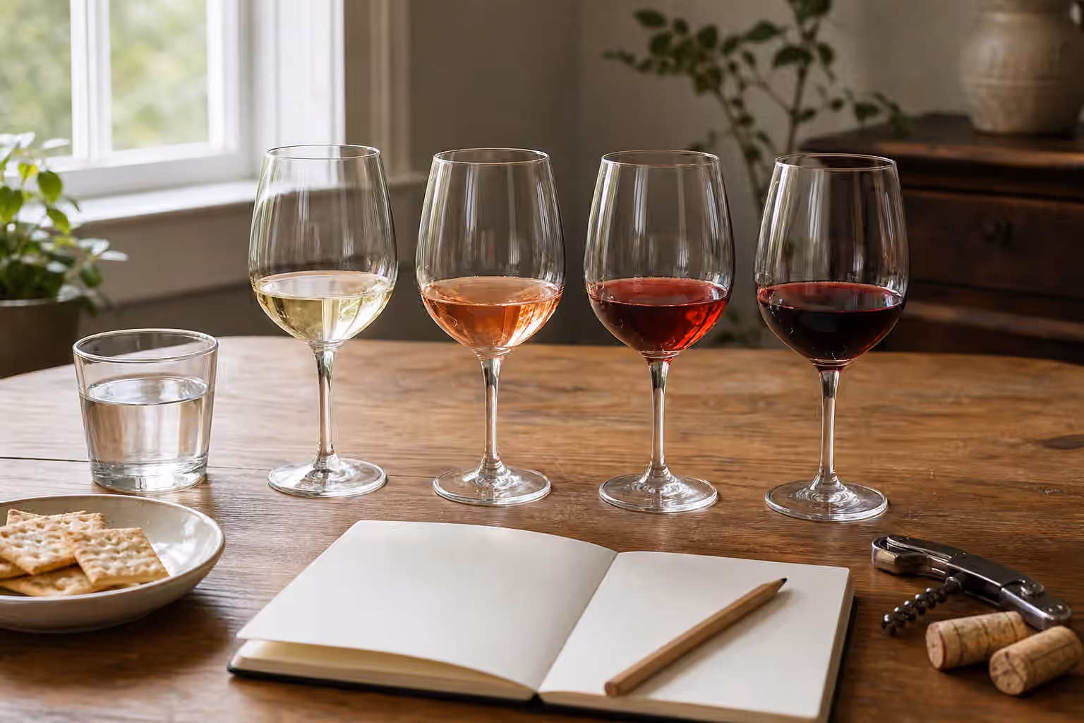 Four wine glasses in a row with white, rose, red, and dark red wine beside a blank notebook, water glass, crackers, corks, and a corkscrew.