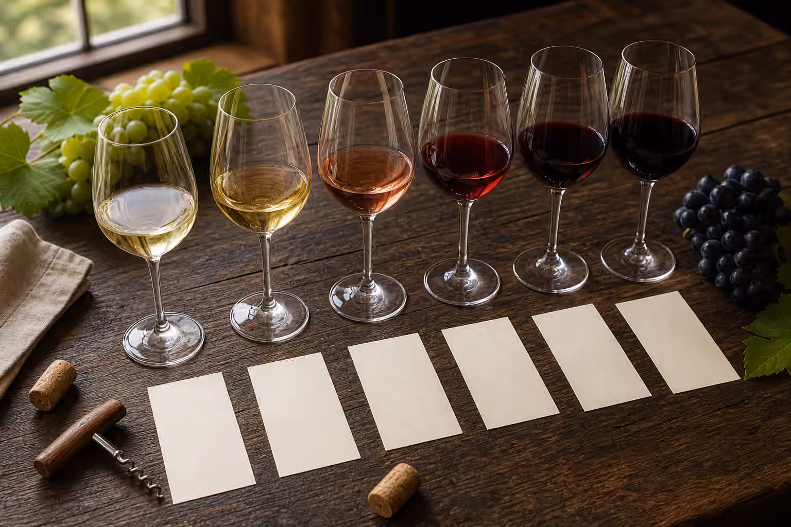 Six glasses of wine in different colors beside grapes, corks, a corkscrew, and blank tasting cards on a wooden table.