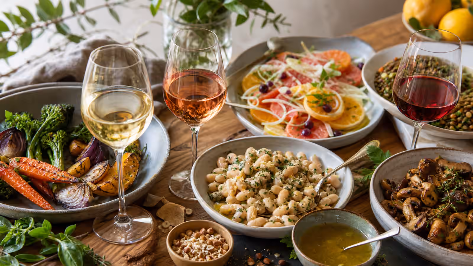 Glasses of white, rose, and red wine beside roasted vegetables, beans, citrus salad, mushrooms, nuts, and vinaigrette.