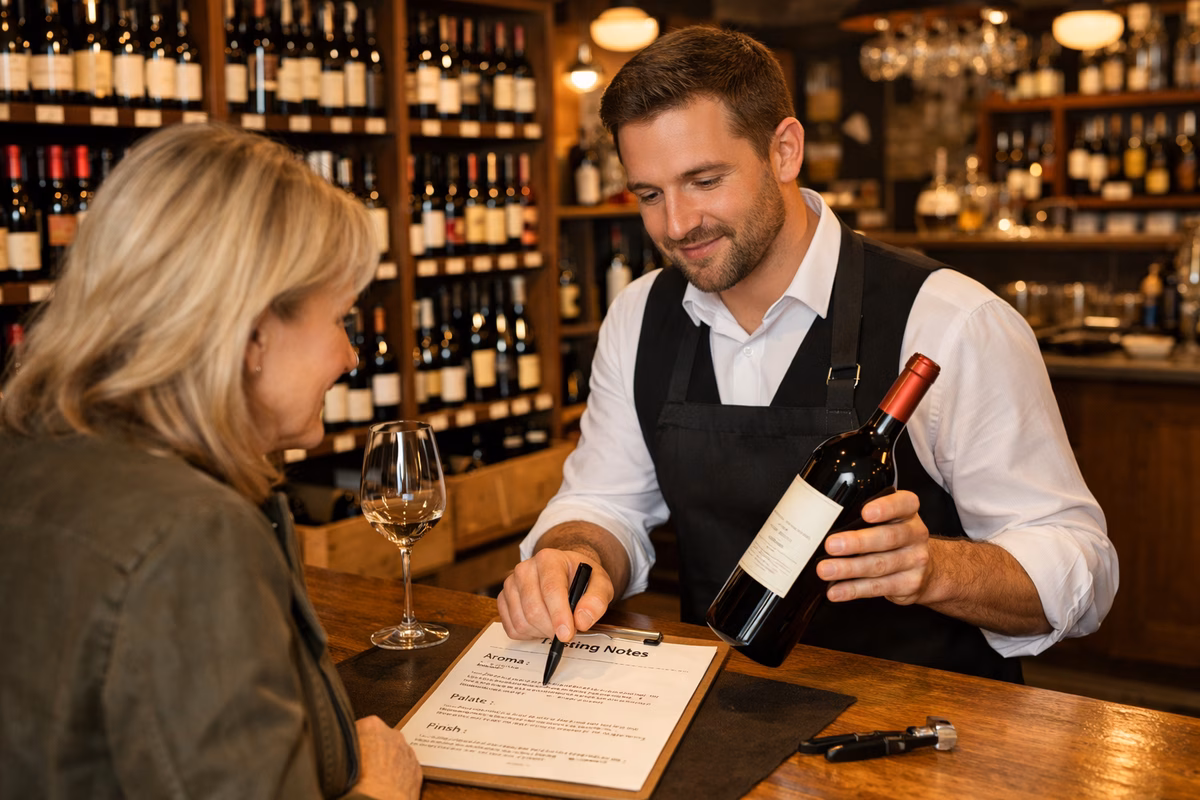 A wine shop scene with organized shelves, a customer consulting with a sommelier holding a bottle and pointing at tasting notes, warm ambient lighting, realistic photography