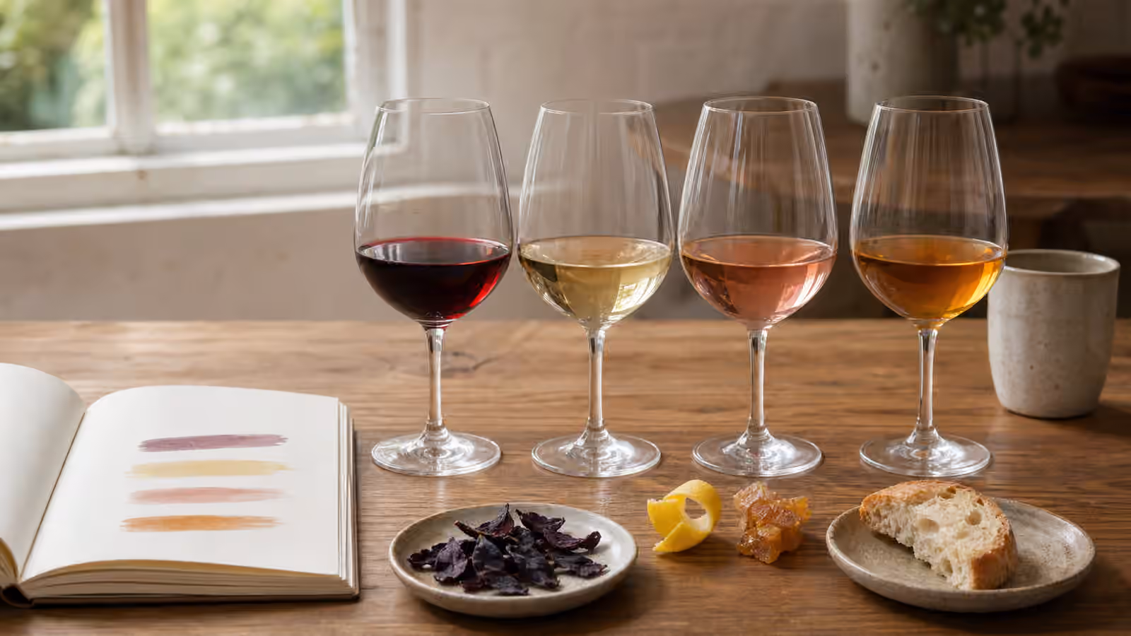 Four wine glasses beside a blank tasting notebook, grape skins, citrus peel, bread, and simple tasting references.