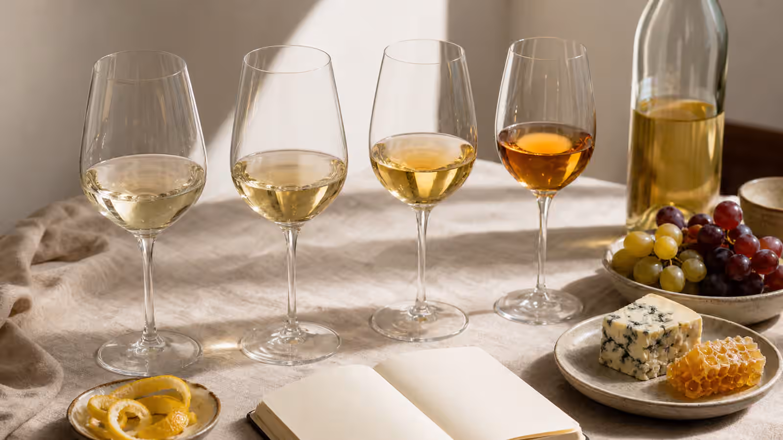 Four glasses of white and amber wine on a linen tasting table with citrus peel, grapes, blue cheese, honeycomb, and a blank notebook.