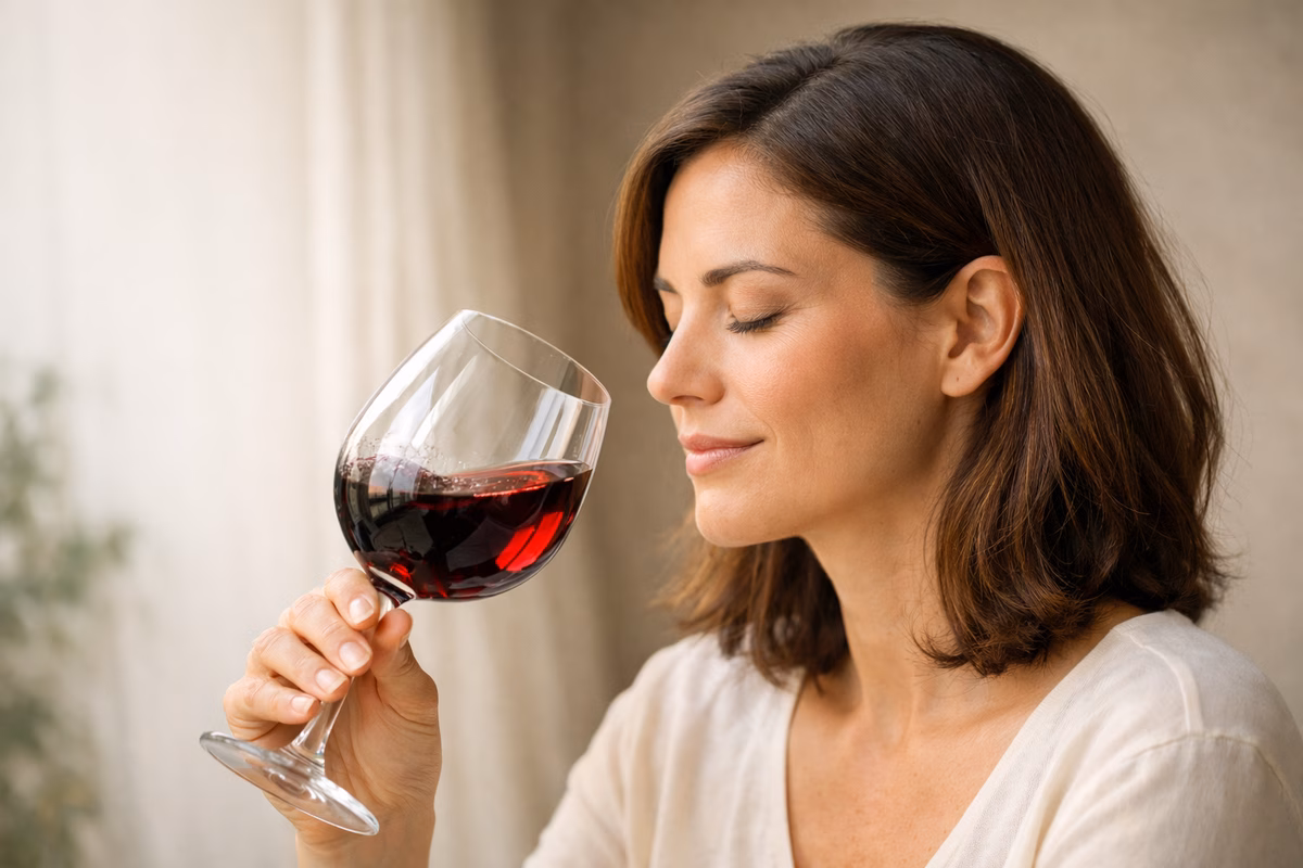 Wine tasting steps: a person holding a glass of red wine at angle, swirling gently, looking at the color, and smelling with eyes closed, simple elegant background, soft natural lighting, realistic photography