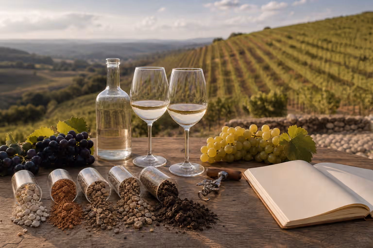 Wine glasses, grape clusters, soil samples, and a blank notebook on a vineyard table overlooking sloped vine rows.