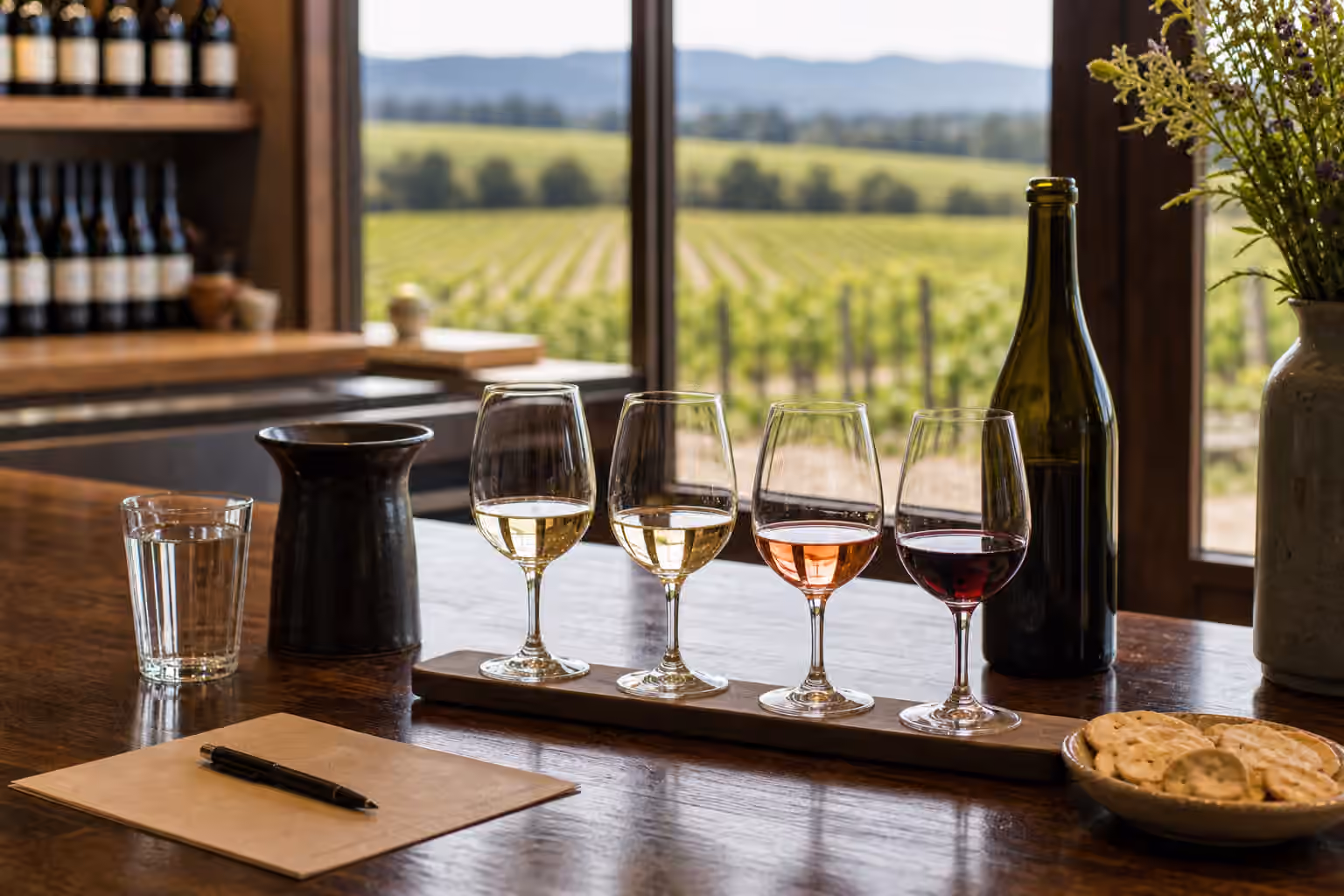 A winery tasting counter with four small wine pours, water, crackers, an unbranded bottle, and vineyard rows outside the window.